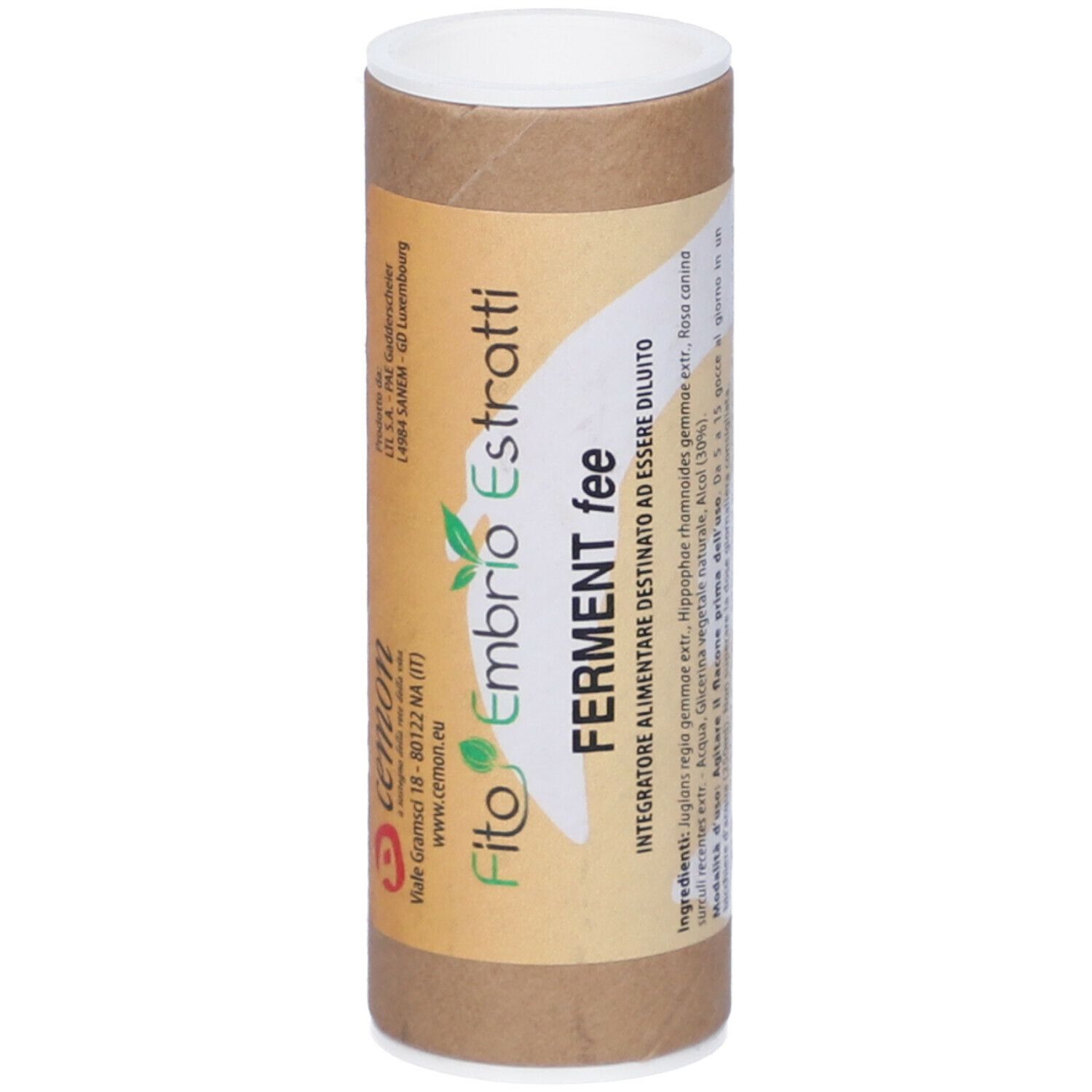Confezione in cartone marrone con coperchio bianco. Scritta: Fito Embryo Estratti, Ferment fee. Logo e testo in italiano.