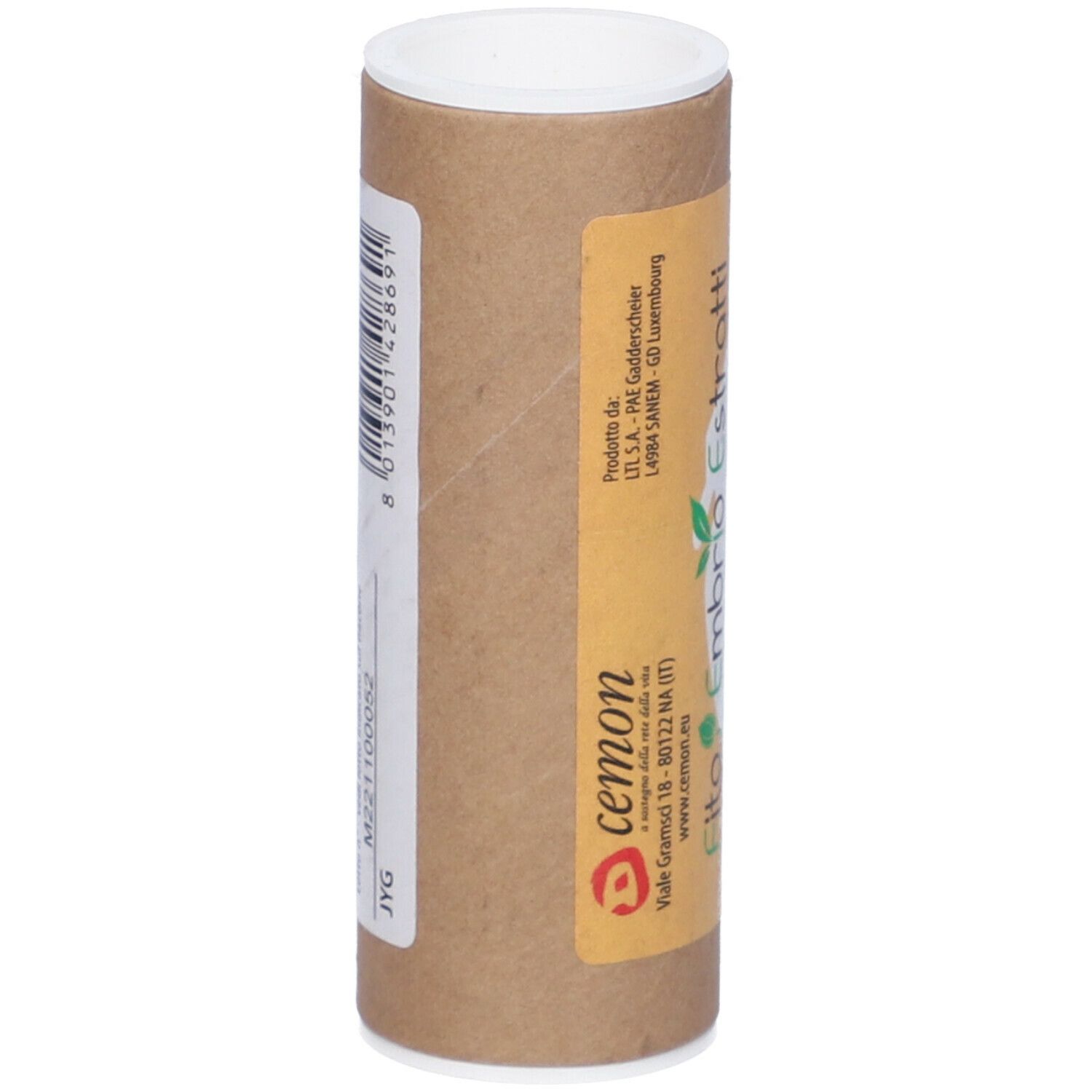 Confezione in cartone marrone con coperchio bianco. Scritta: Fito Embryo Estratti, Ferment fee. Logo e testo in italiano.