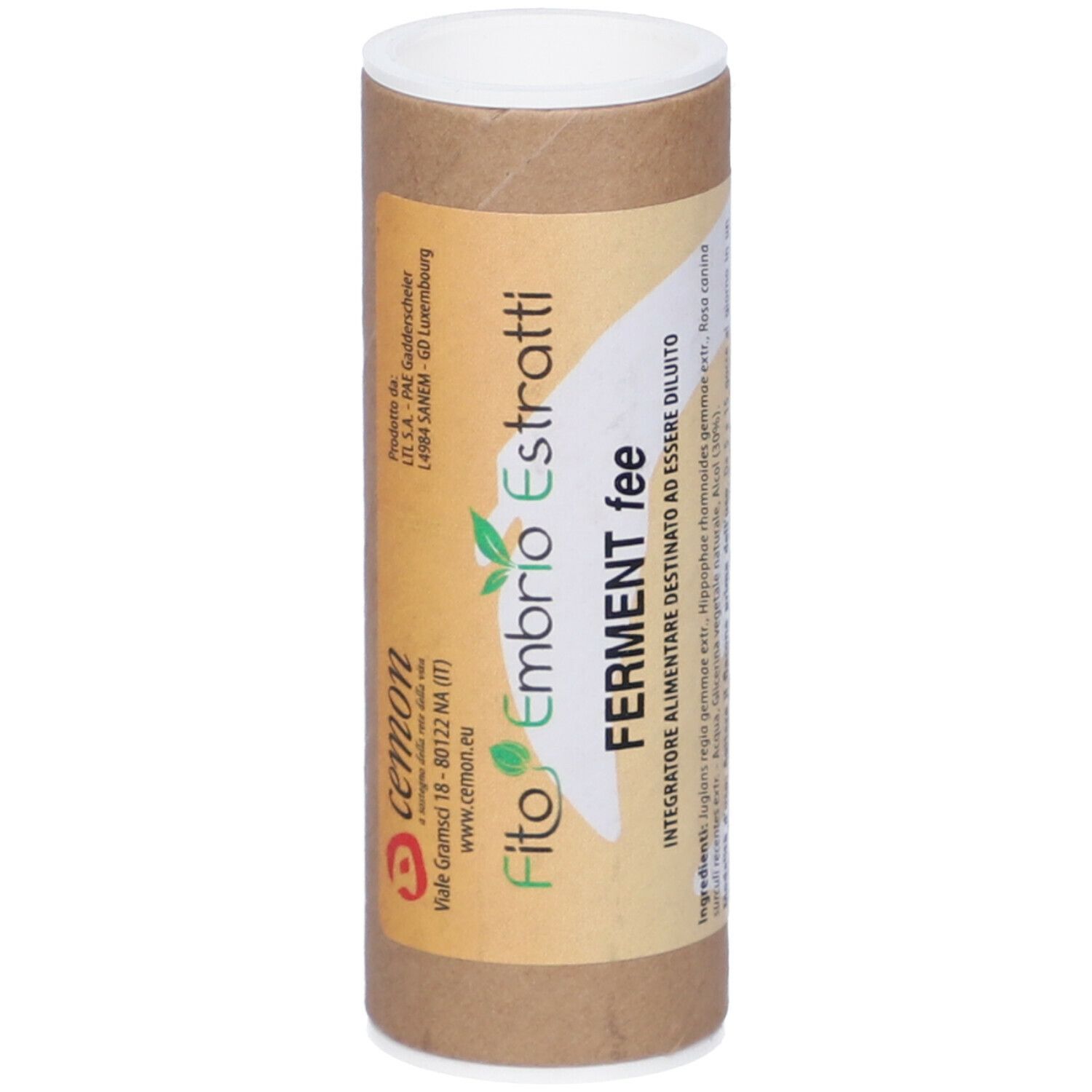 Confezione in cartone marrone con coperchio bianco. Scritta: Fito Embryo Estratti, Ferment fee. Logo e testo in italiano.