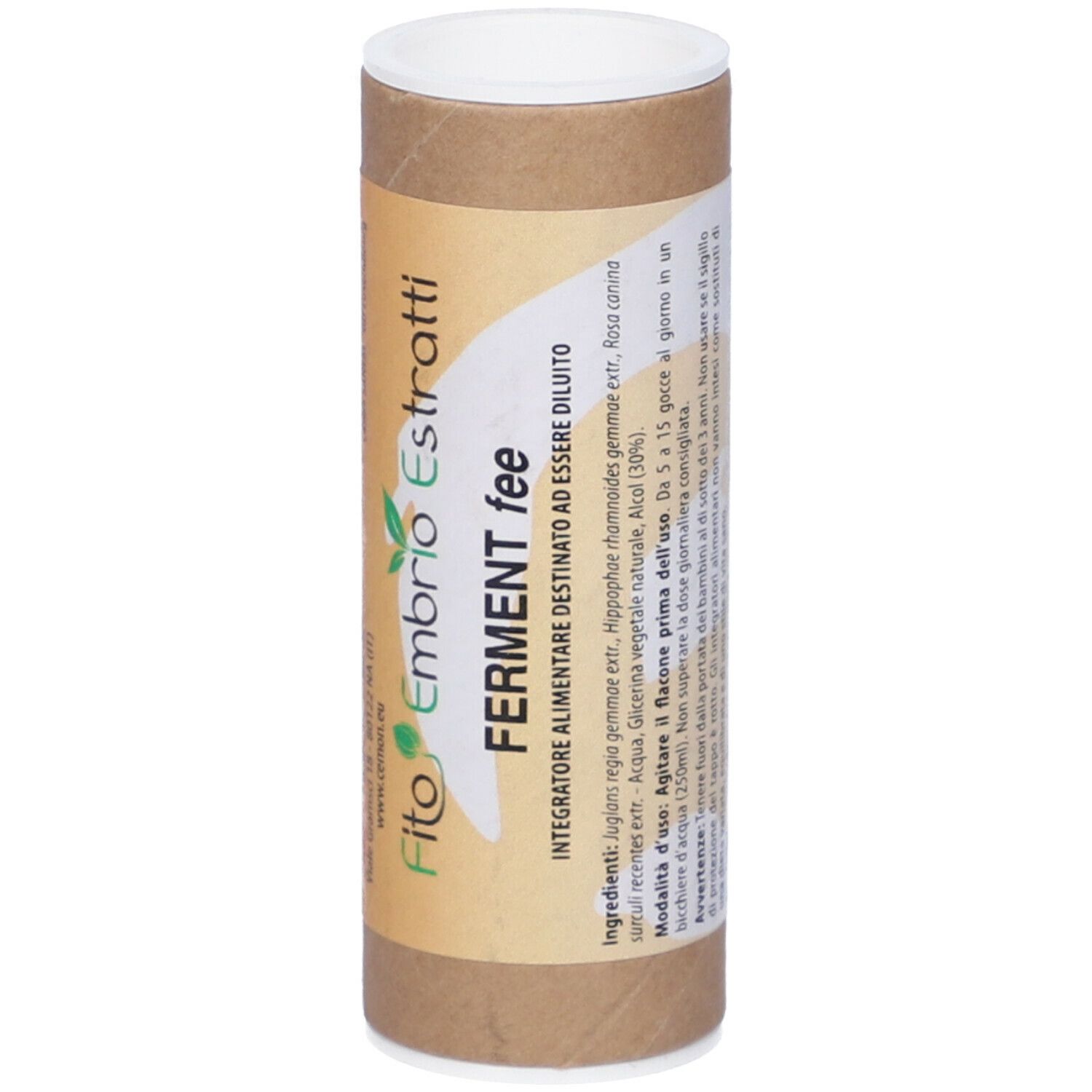 Confezione in cartone marrone con coperchio bianco. Scritta: Fito Embryo Estratti, Ferment fee. Testo in italiano.