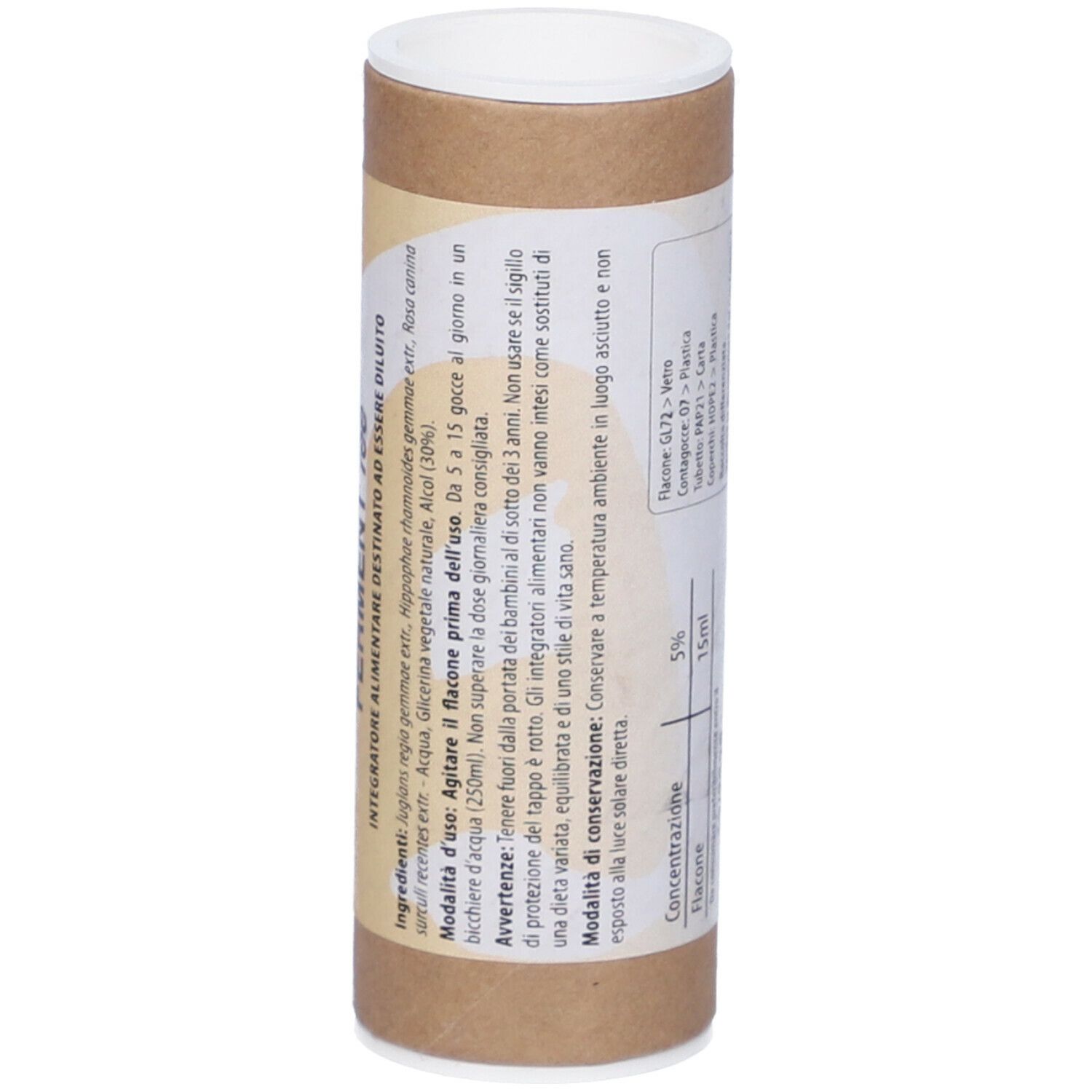 Confezione in cartone marrone con coperchio bianco. Scritta: Fito Embryo Estratti, Ferment fee. Testo in italiano.