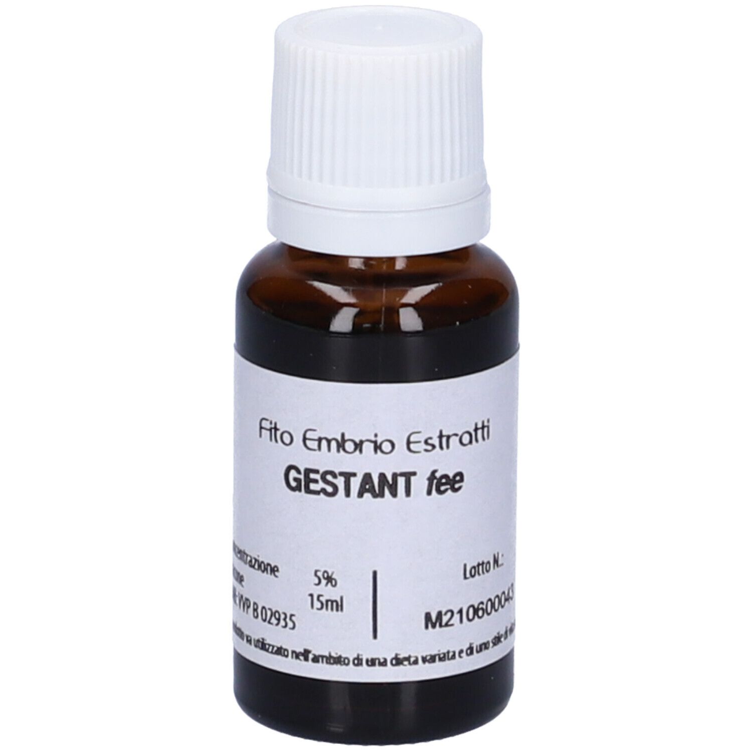 Flacone di vetro marrone con tappo bianco. Scritta: Fito Embryo Estratti GESTANT fee, 15 ml, 5%.