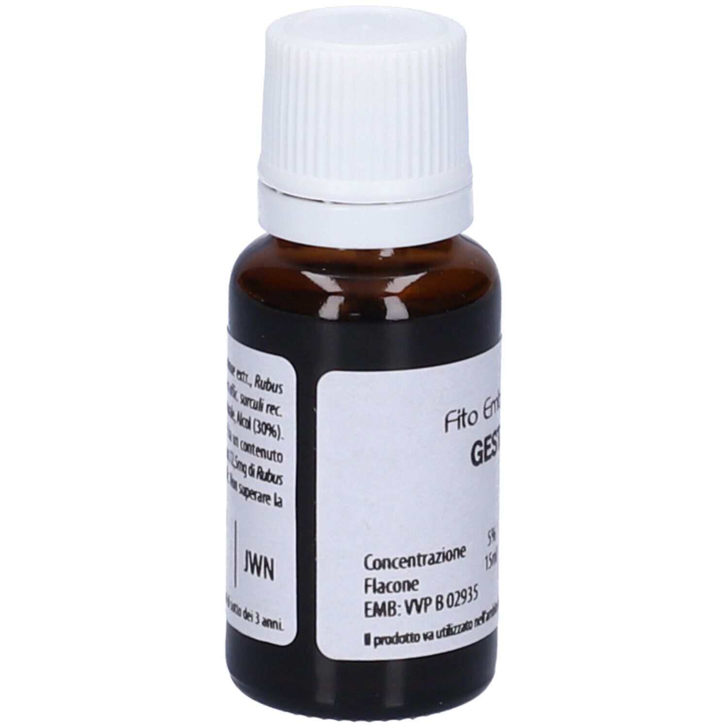 Flacone di vetro marrone con tappo bianco. Scritta: Fito Embryo Estratti GESTANT fee, 15 ml, 5%.