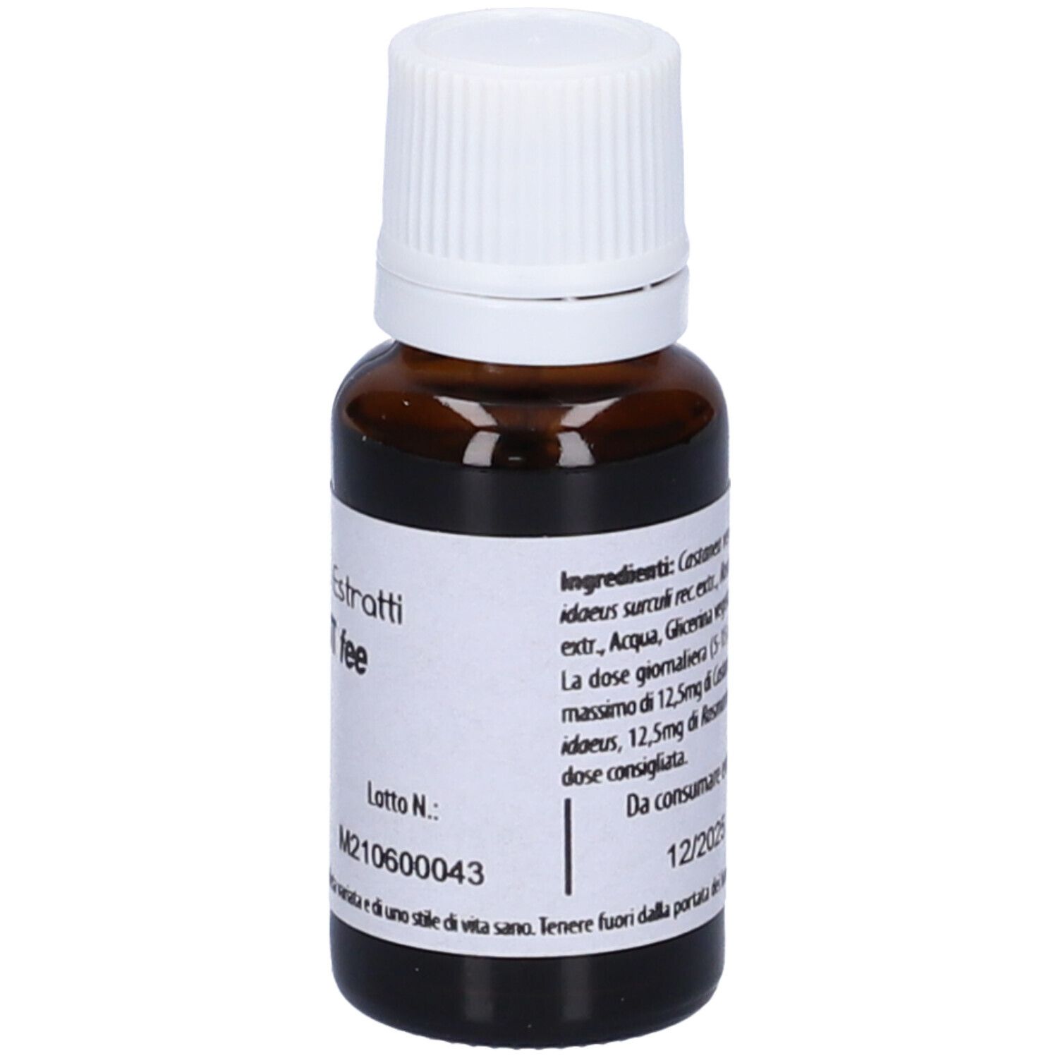 Flacone di vetro marrone con tappo bianco. Scritta: Fito Embryo Estratti GESTANT fee, 15 ml, 5%.