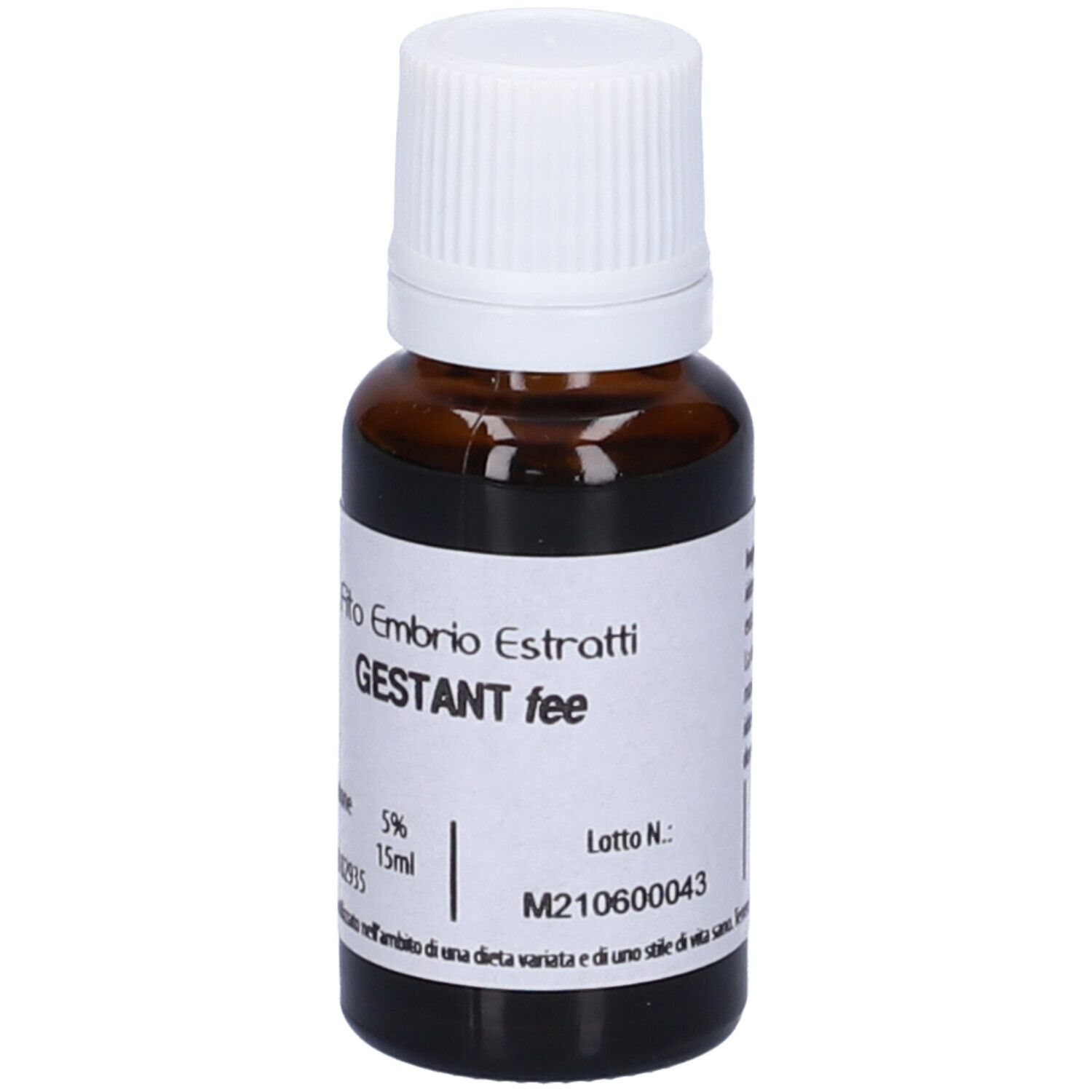 Flacone di vetro marrone con tappo bianco. Scritta: Fito Embryo Estratti GESTANT fee, 15 ml, 5%.
