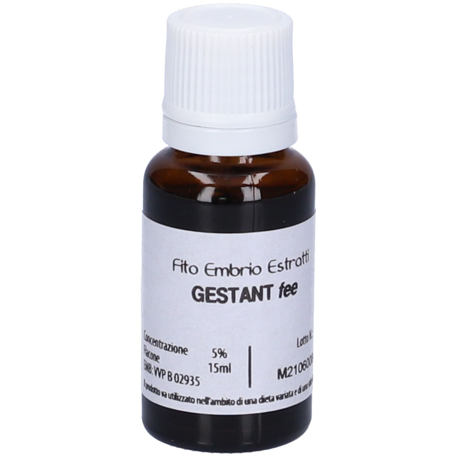 Flacone di vetro marrone con tappo bianco. Scritta: Fito Embryo Estratti GESTANT fee, 15 ml, 5%.