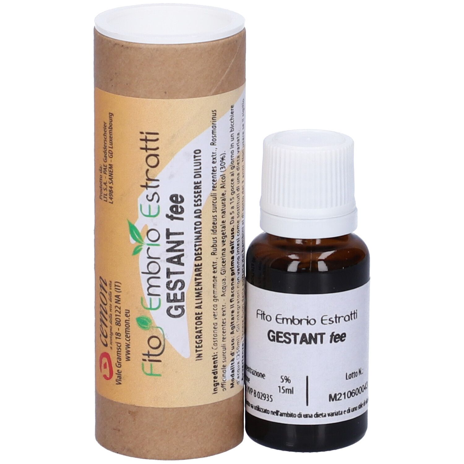 Flacone di vetro marrone con tappo bianco e tubo di cartone. Scritta: Fito Embryo Estratti GESTANT fee, 15 ml, 5%.
