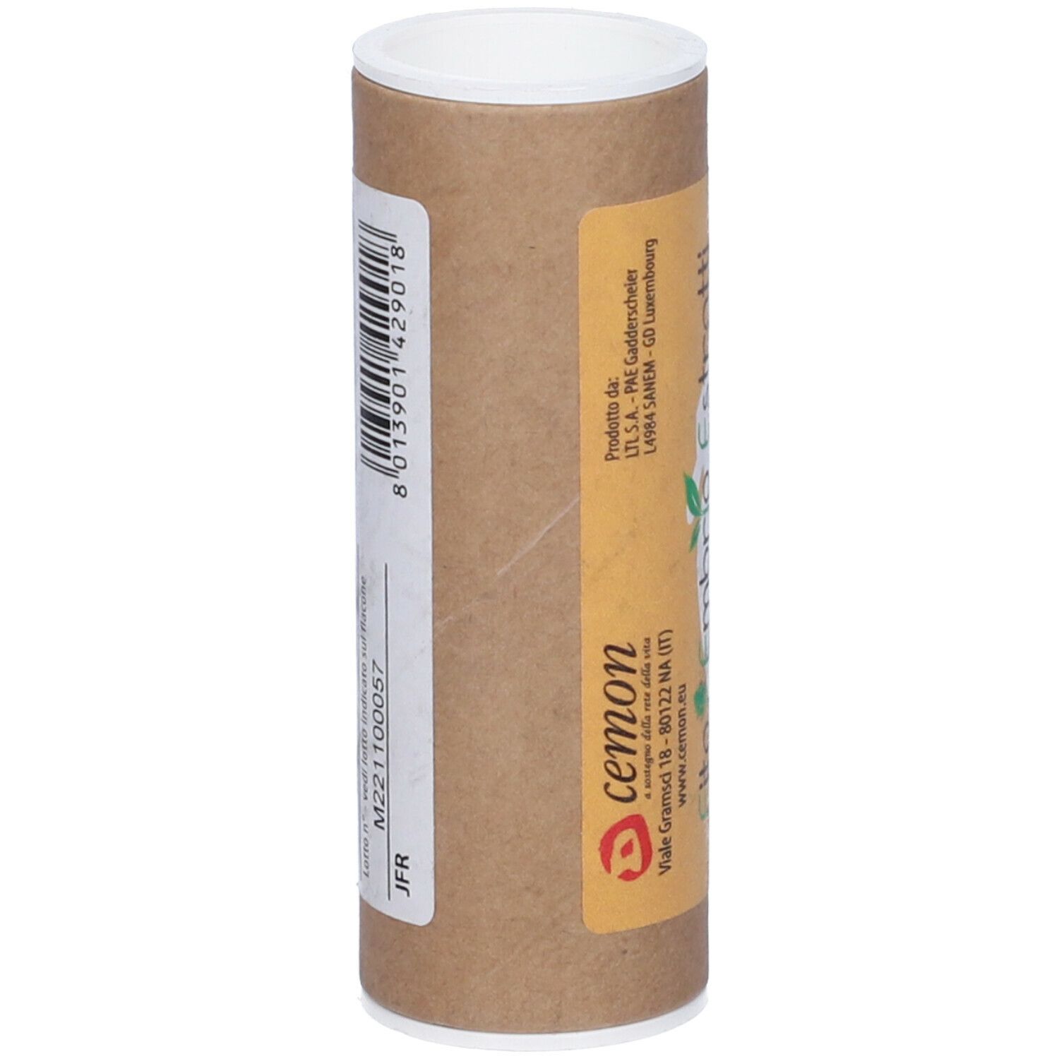 Tubo di cartone marrone con coperchio bianco. Scritta: Fito Embryo Estratti, Lampone fee. Codice a barre e numero di lotto.