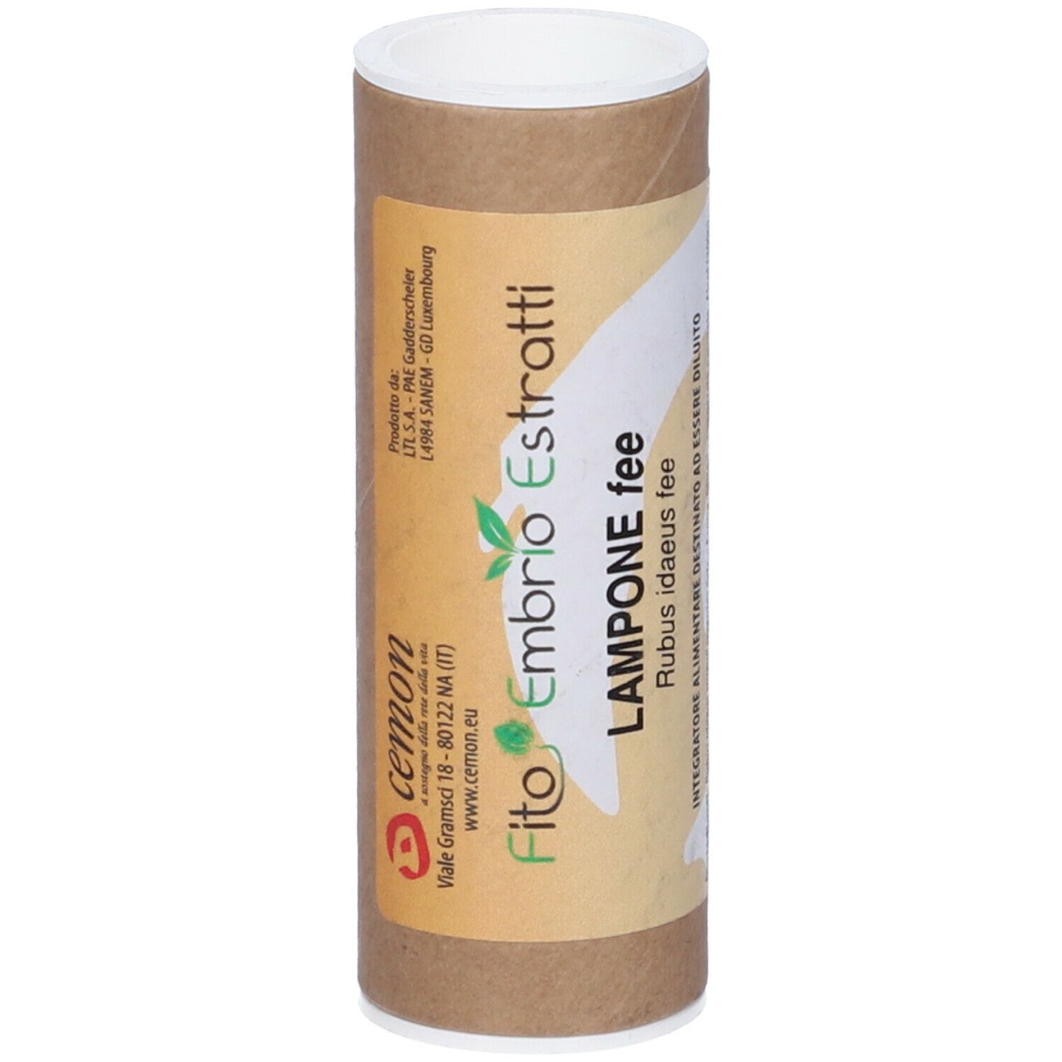 Tubo di cartone marrone con coperchio bianco. Scritta: Fito Embryo Estratti, Lampone fee. Logo e testo in italiano.