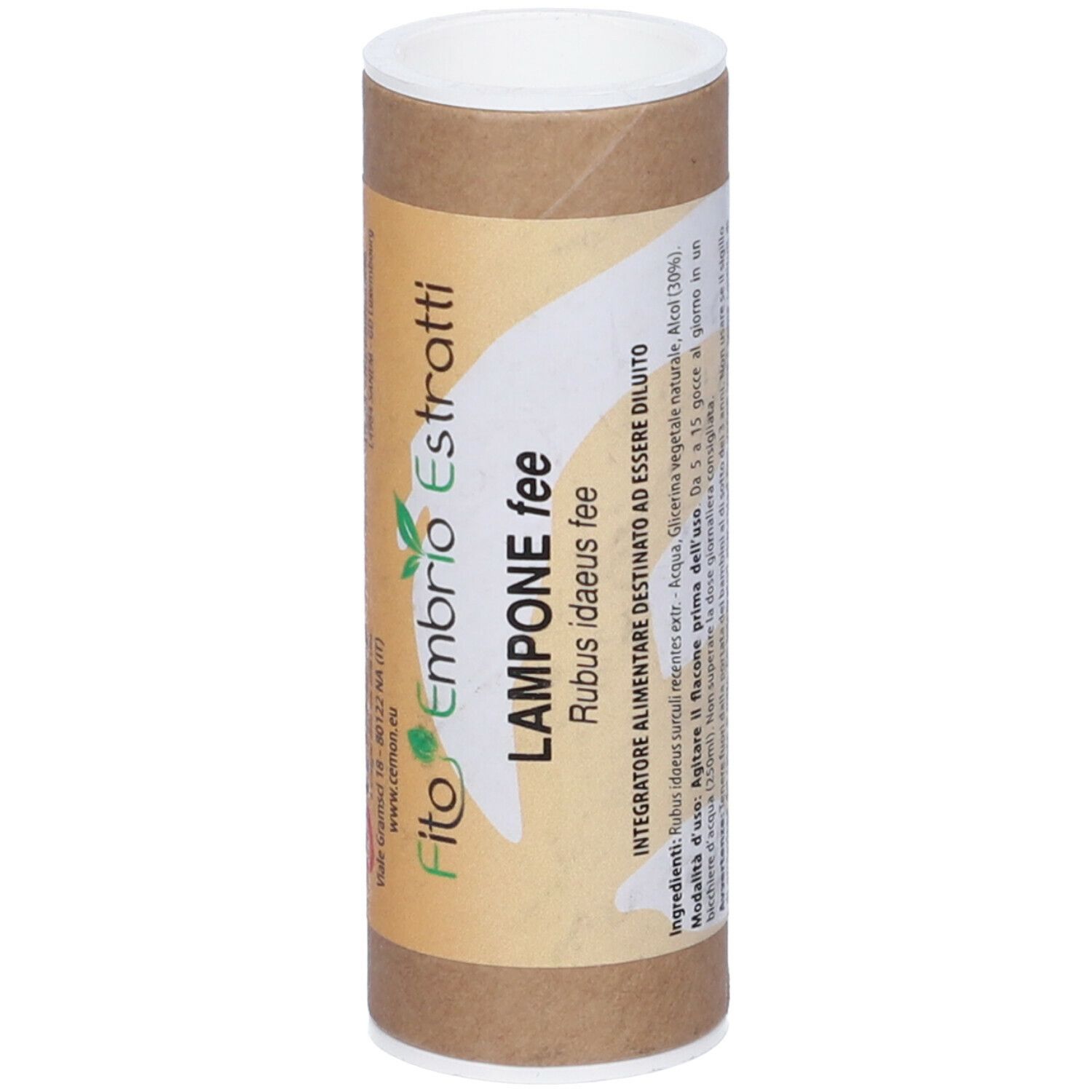 Tubo di cartone marrone con coperchio bianco. Scritta: Fito Embryo Estratti, Lampone fee. Ingredienti e istruzioni per l'uso.