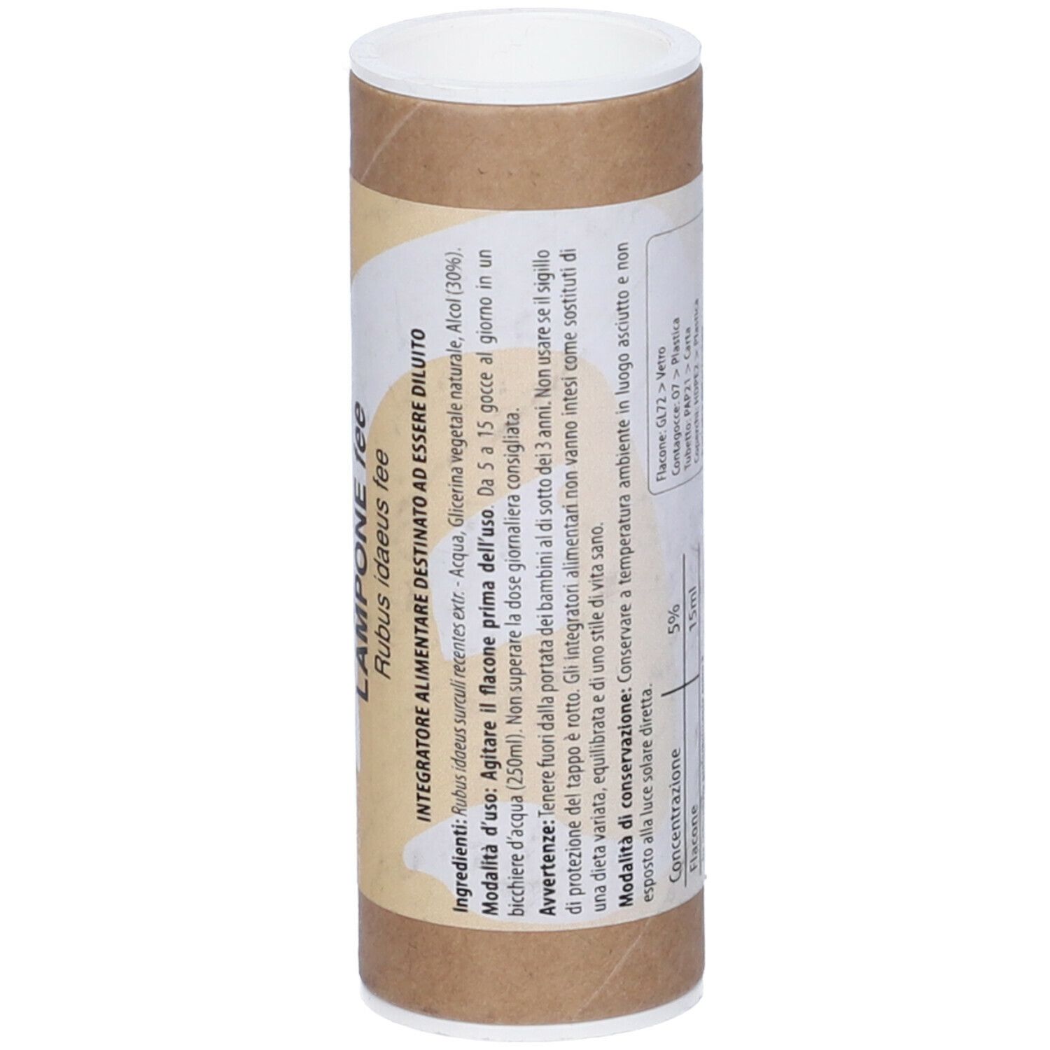 Tubo di cartone marrone con coperchio bianco. Scritta: Fito Embryo Estratti, Lampone fee. Istruzioni per l'uso e avvertenze.