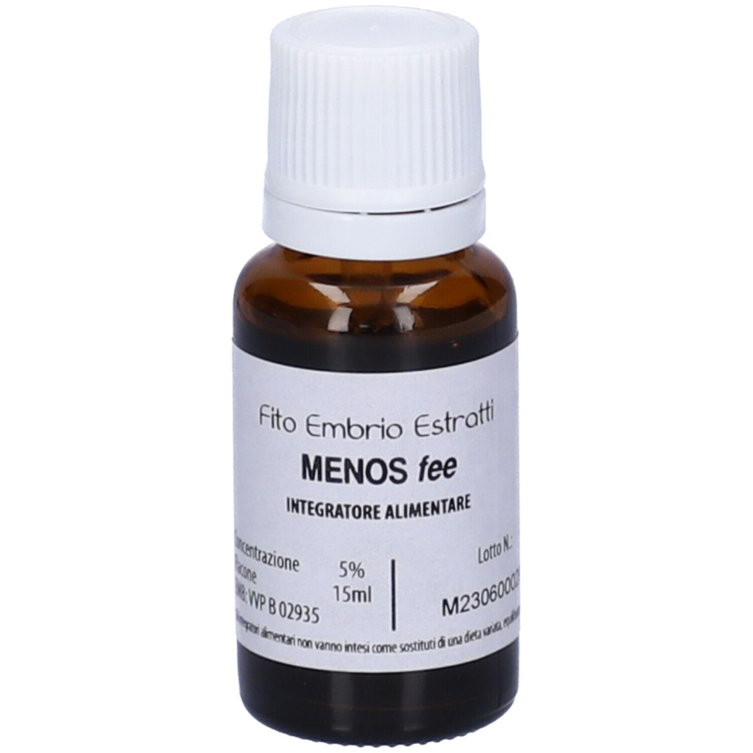 Flacone di vetro marrone con tappo bianco. Scritta: Fito Embryo Estratti, MENOS fee, 5%, 15ml. Etichetta con informazioni.