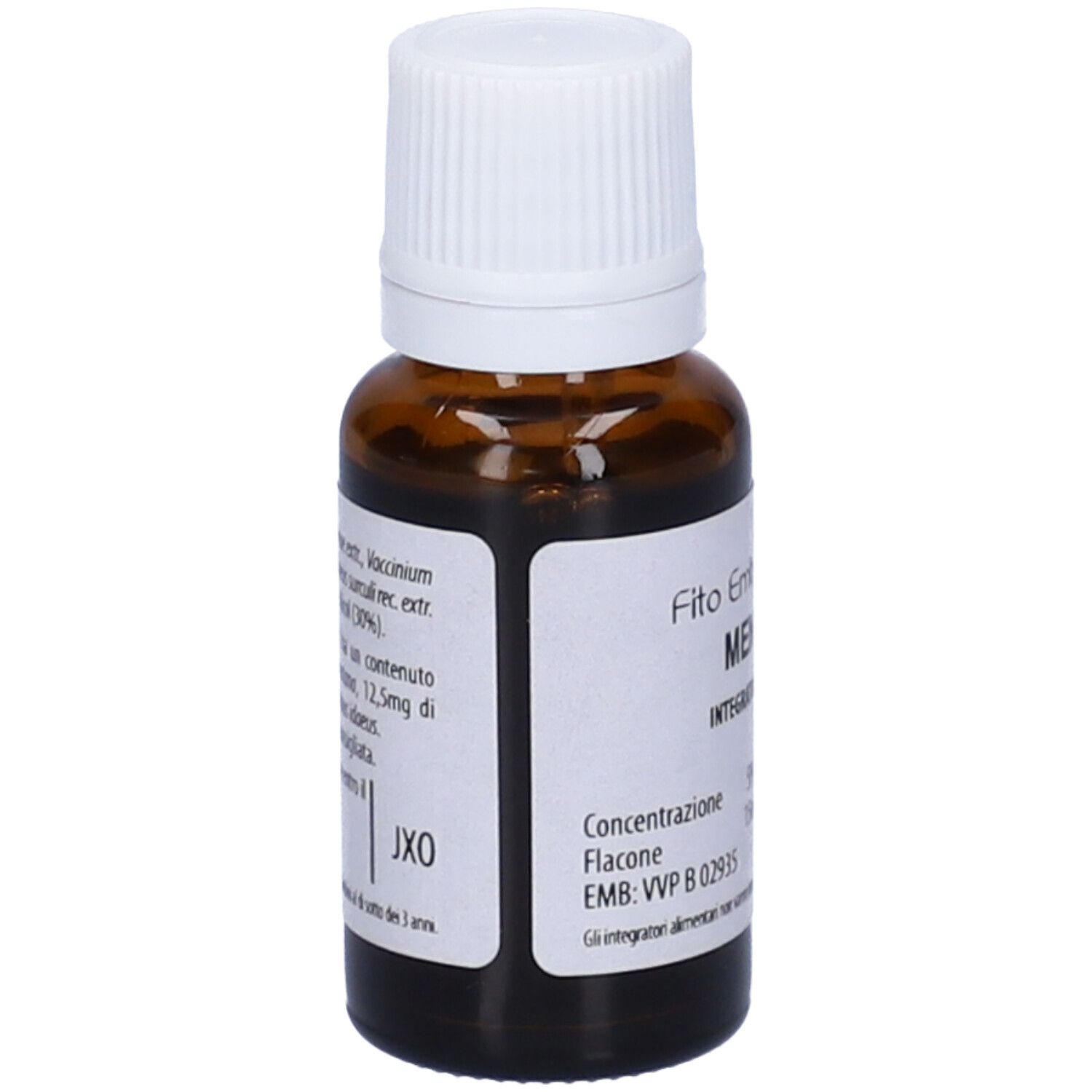 Flacone di vetro marrone con tappo bianco. Scritta: Fito Embryo Estratti, MENOS fee, 5%, 15ml. Etichetta con informazioni.