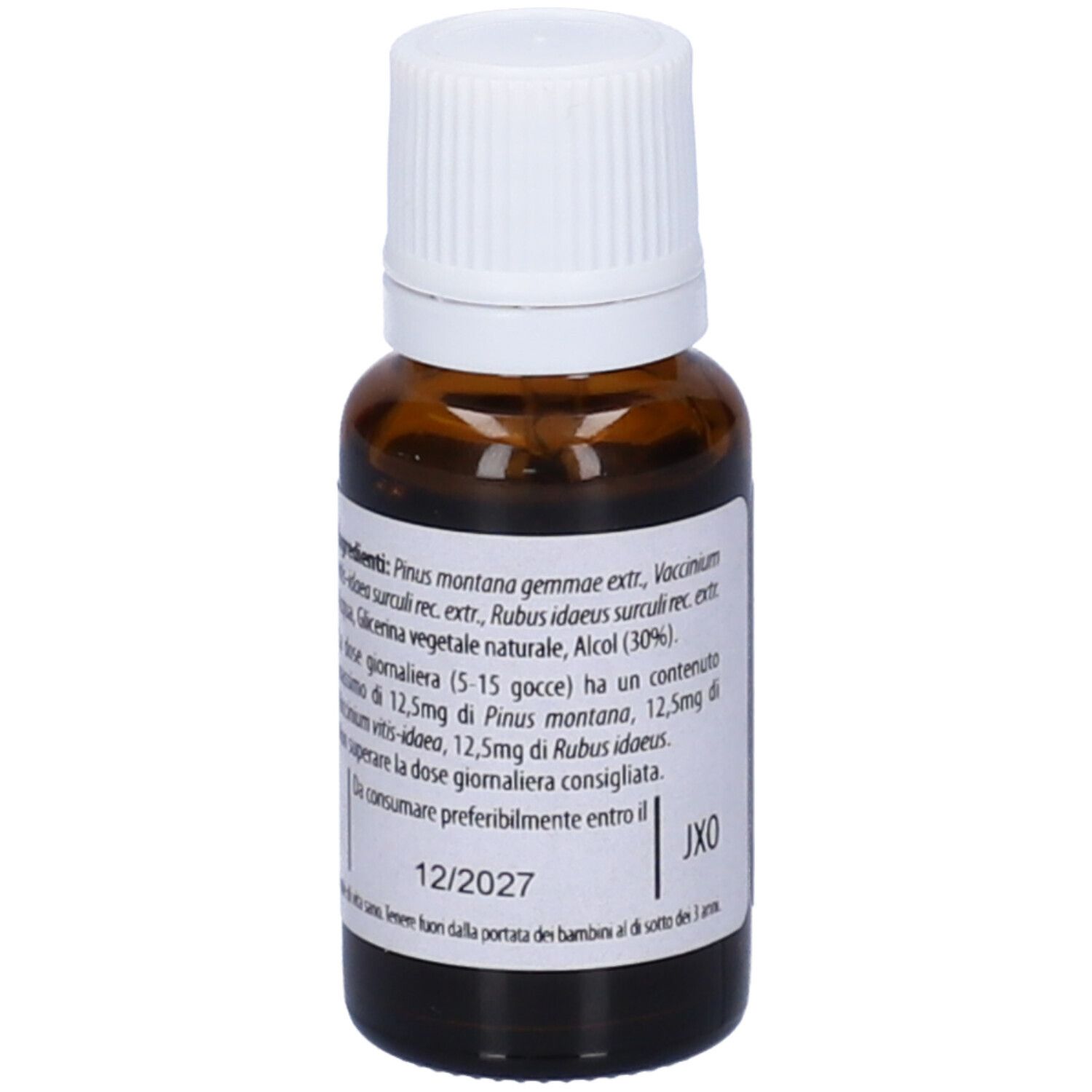 Flacone di vetro marrone con tappo bianco. Scritta: Fito Embryo Estratti, MENOS fee, 5%, 15ml. Etichetta con informazioni.