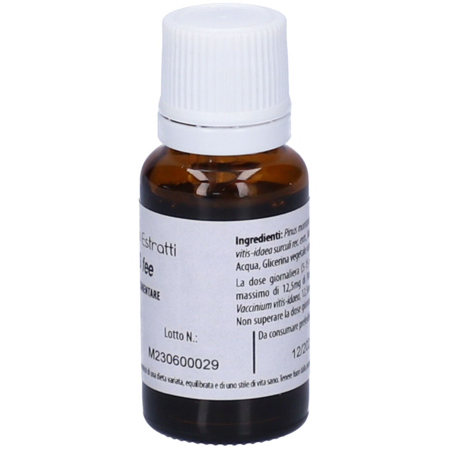 Flacone di vetro marrone con tappo bianco. Scritta: Fito Embryo Estratti, MENOS fee, 5%, 15ml. Etichetta con informazioni.