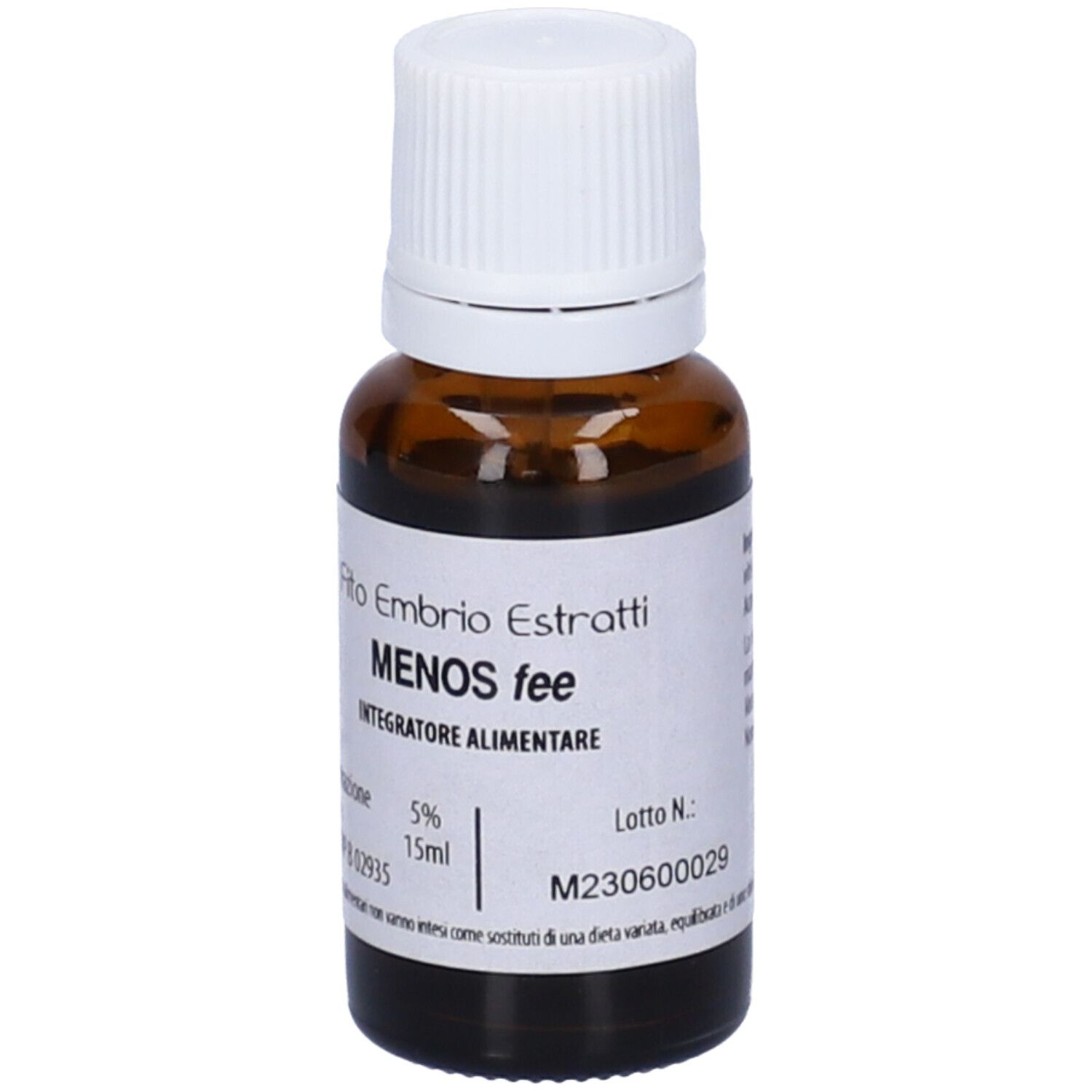 Flacone di vetro marrone con tappo bianco. Scritta: Fito Embryo Estratti, MENOS fee, 5%, 15ml. Etichetta con informazioni.