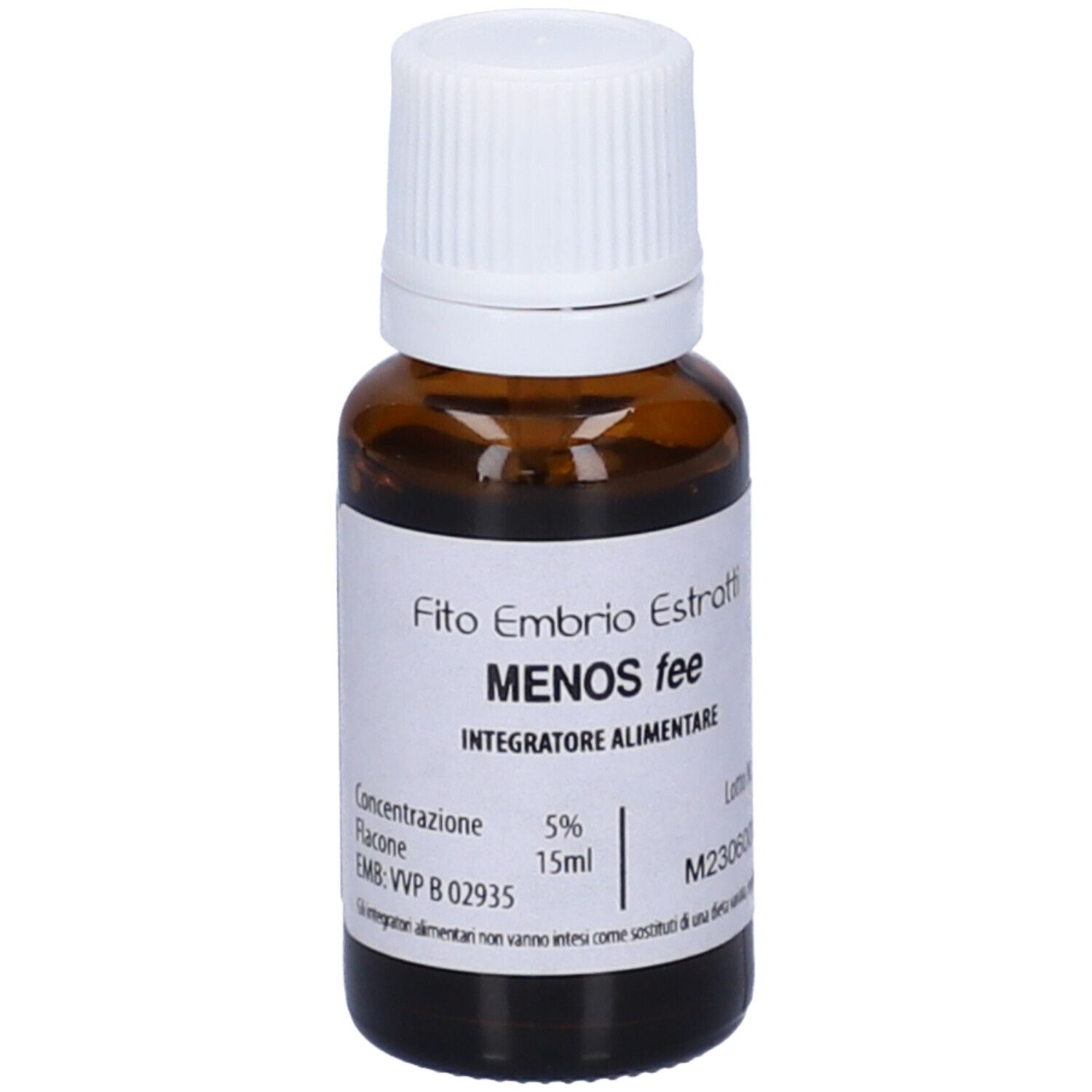 Flacone di vetro marrone con tappo bianco. Scritta: Fito Embryo Estratti, MENOS fee, 5%, 15ml. Etichetta con informazioni.