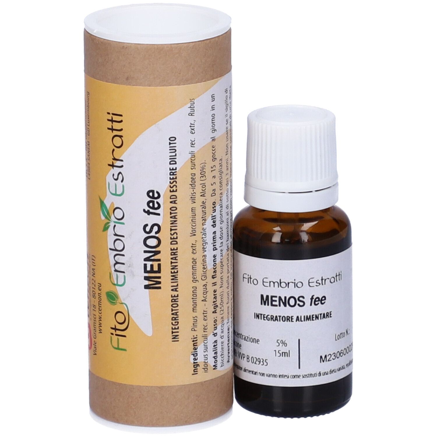 Flacone di vetro marrone con tappo bianco e confezione cilindrica in cartone. Scritta: Fito Embryo Estratti, MENOS fee, 5%, 15ml.