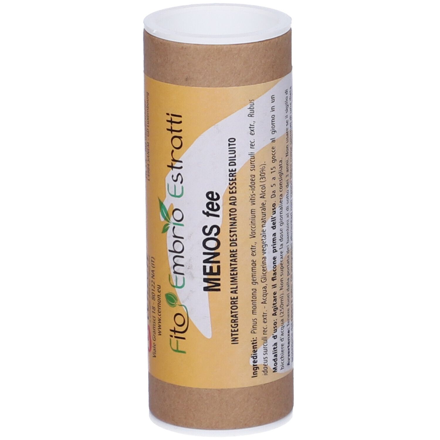 Confezione cilindrica in cartone e flacone di vetro marrone con tappo bianco. Scritta: Fito Embryo Estratti, MENOS fee, 5%, 15ml.
