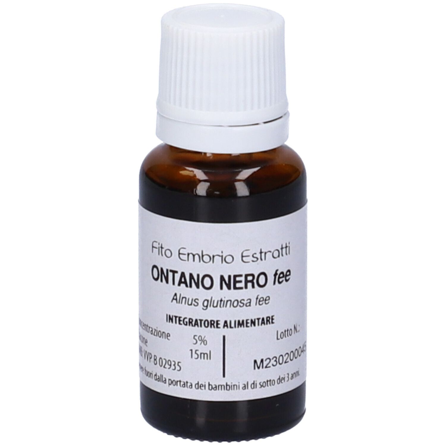 Flacone di vetro marrone con tappo bianco. Scritta: Fito Embrio Estratti Ontano Nero fee, Alnus glutinosa fee, 15ml.