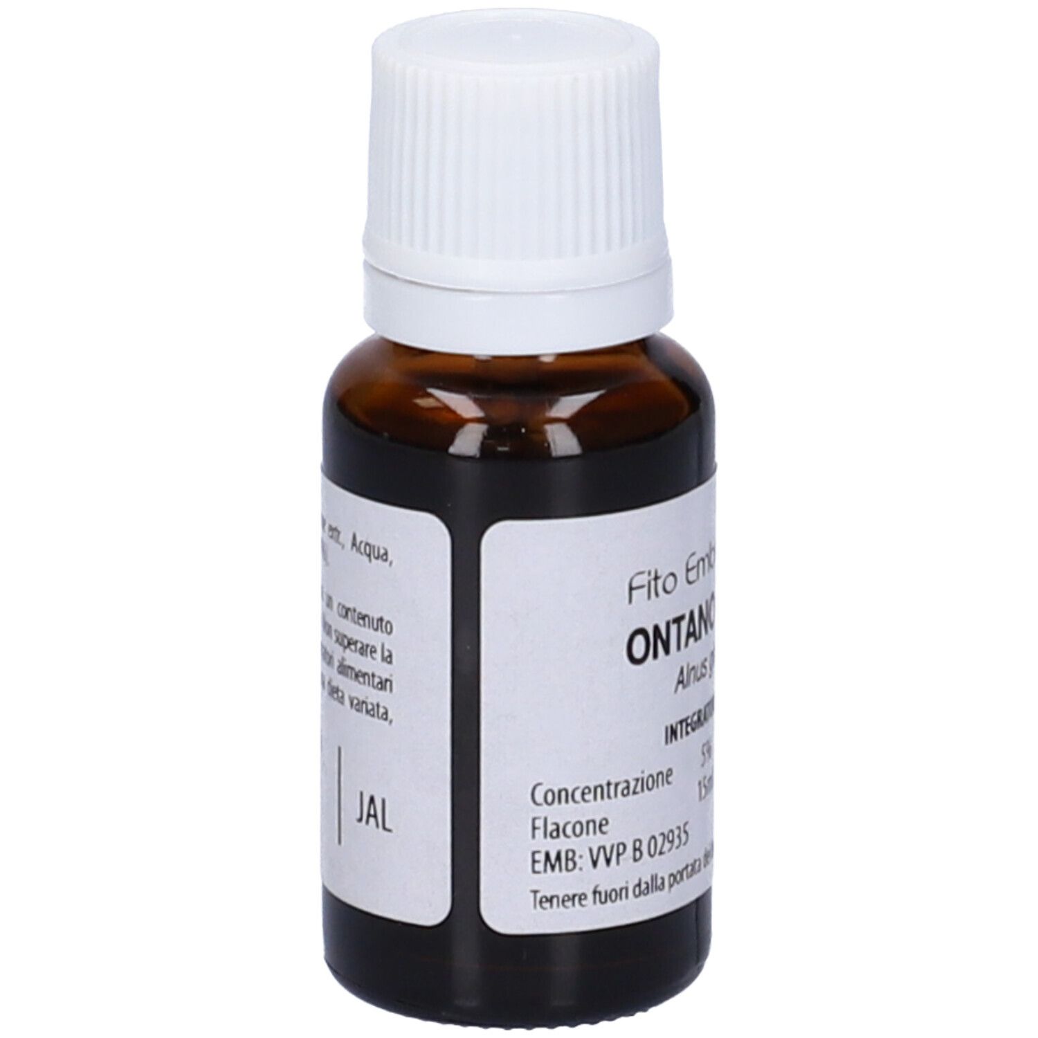 Flacone di vetro marrone con tappo bianco. Scritta: Fito Embrio Estratti Ontano Nero fee, Alnus glutinosa fee, 15ml.