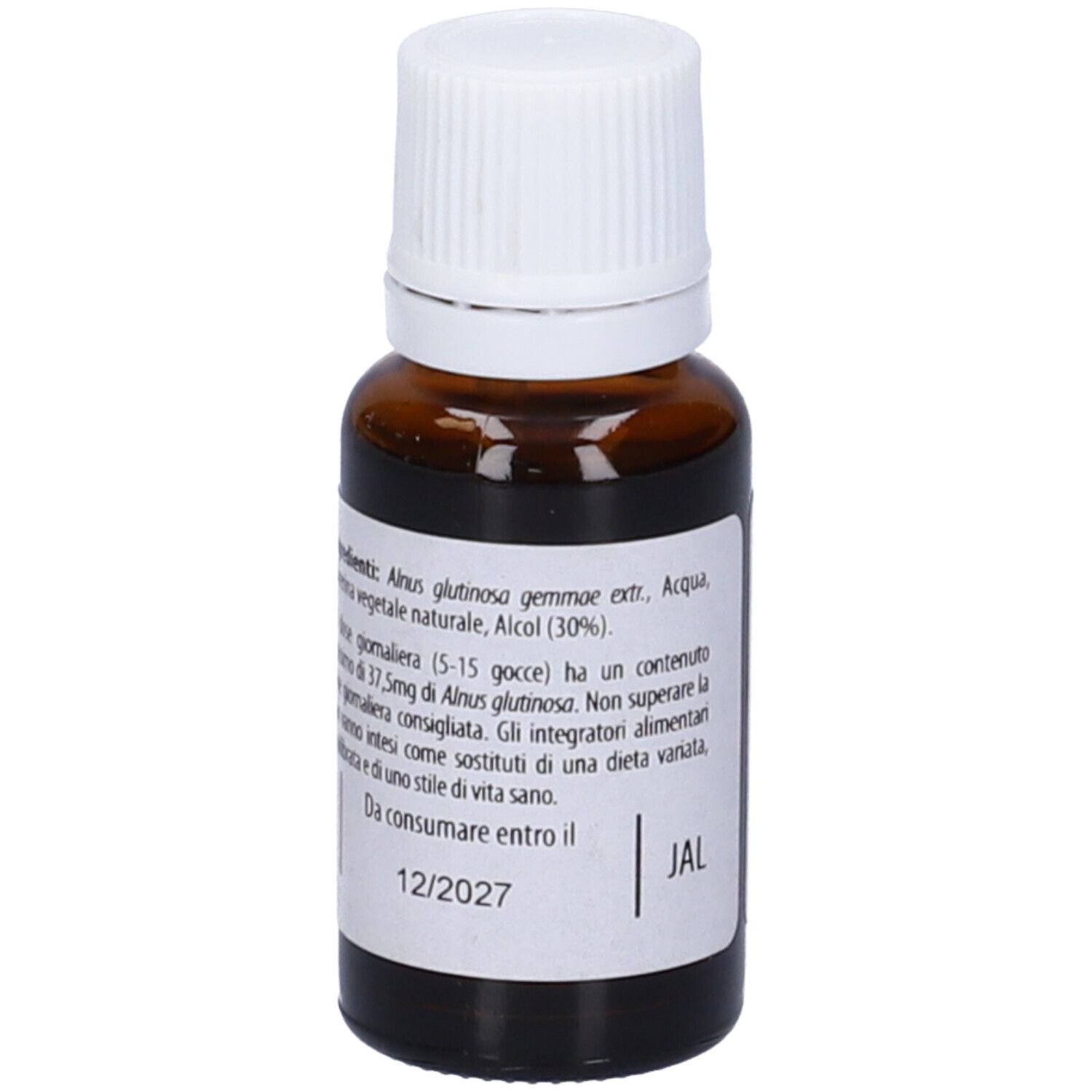 Flacone di vetro marrone con tappo bianco. Scritta: Fito Embrio Estratti Ontano Nero fee, Alnus glutinosa fee, 15ml.