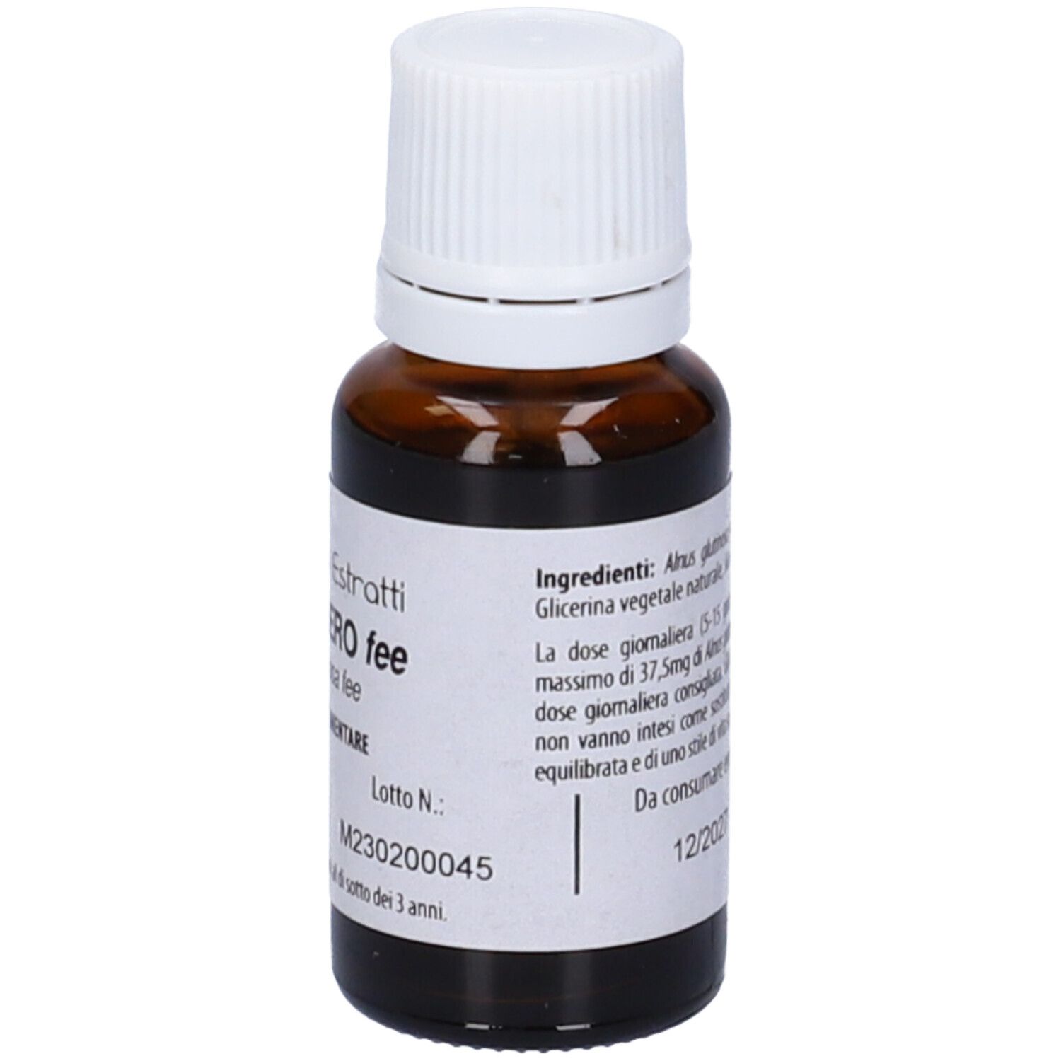 Flacone di vetro marrone con tappo bianco. Scritta: Fito Embrio Estratti Ontano Nero fee, Alnus glutinosa fee, 15ml.
