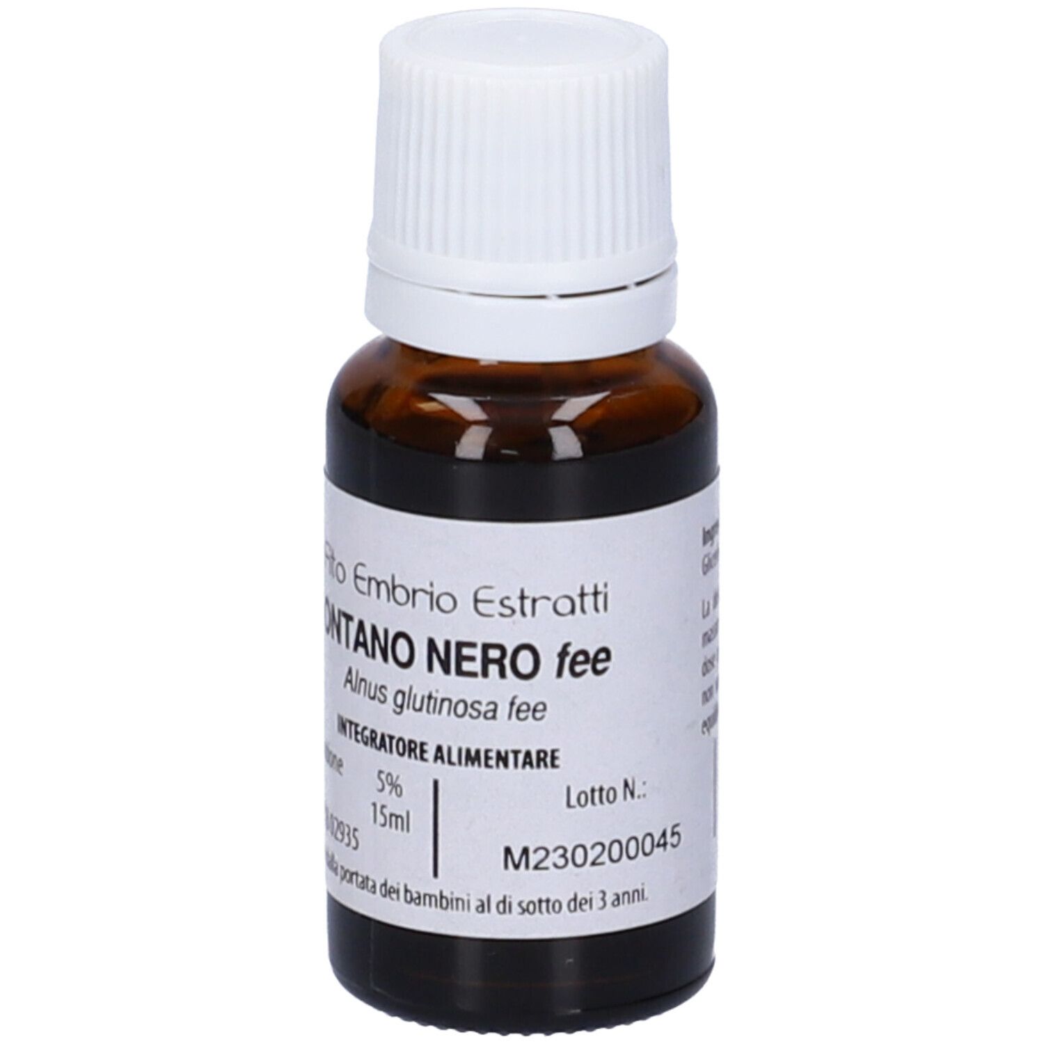 Flacone di vetro marrone con tappo bianco. Scritta: Fito Embrio Estratti Ontano Nero fee, Alnus glutinosa fee, 15ml.