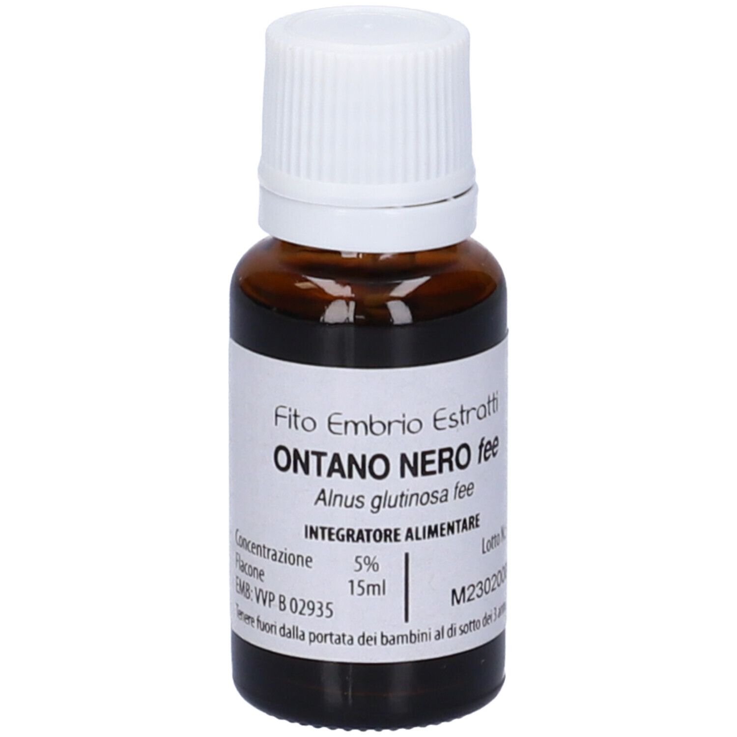 Flacone di vetro marrone con tappo bianco. Scritta: Fito Embrio Estratti Ontano Nero fee, Alnus glutinosa fee, 15ml.