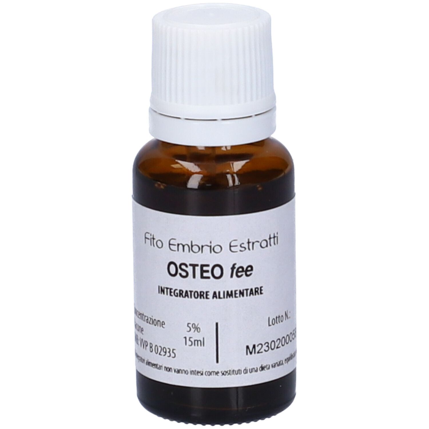 Flacone di vetro marrone con tappo bianco. Scritta: Fito Embryo Estratti OSTEO fee, 15ml.
