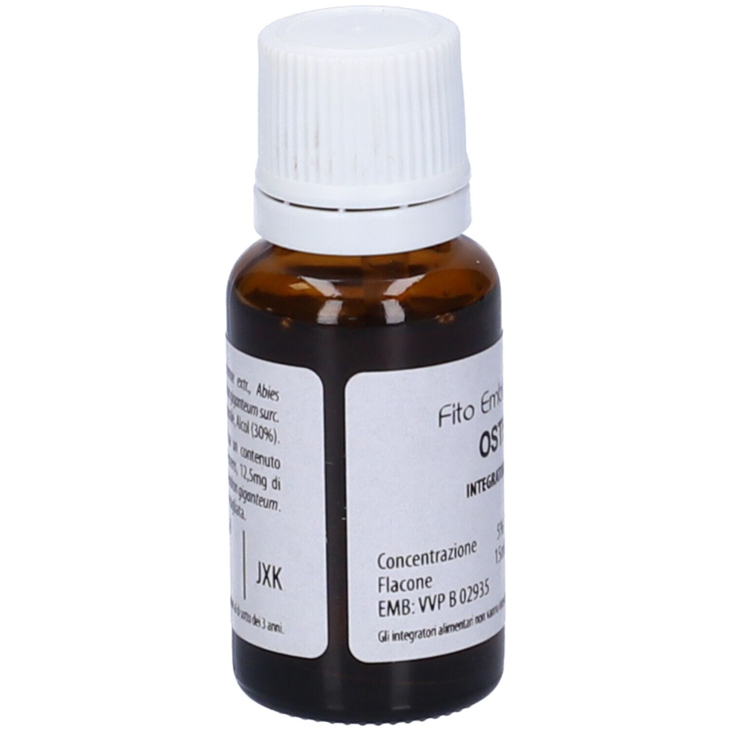 Flacone di vetro marrone con tappo bianco. Scritta: Fito Embryo Estratti OSTEO fee, 15ml.