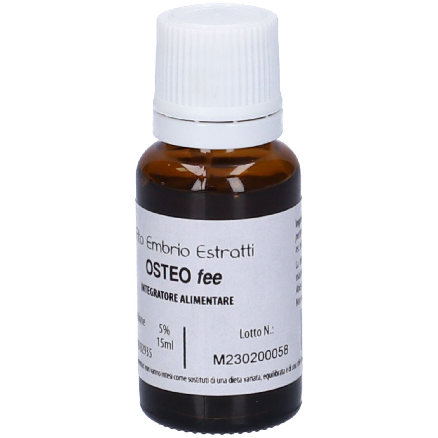 Flacone di vetro marrone con tappo bianco. Scritta: Fito Embryo Estratti OSTEO fee, 15ml.
