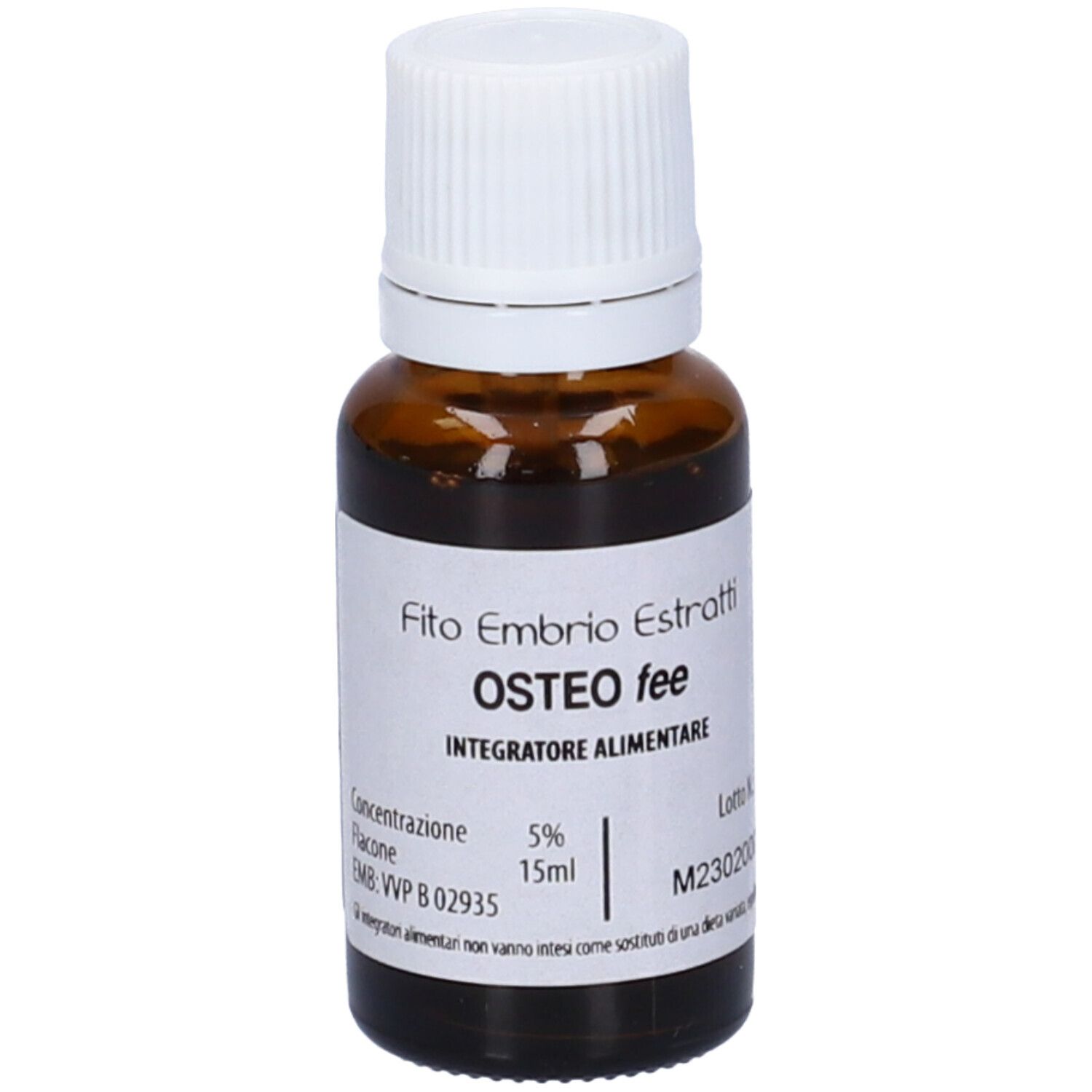 Flacone di vetro marrone con tappo bianco. Scritta: Fito Embryo Estratti OSTEO fee, 15ml.