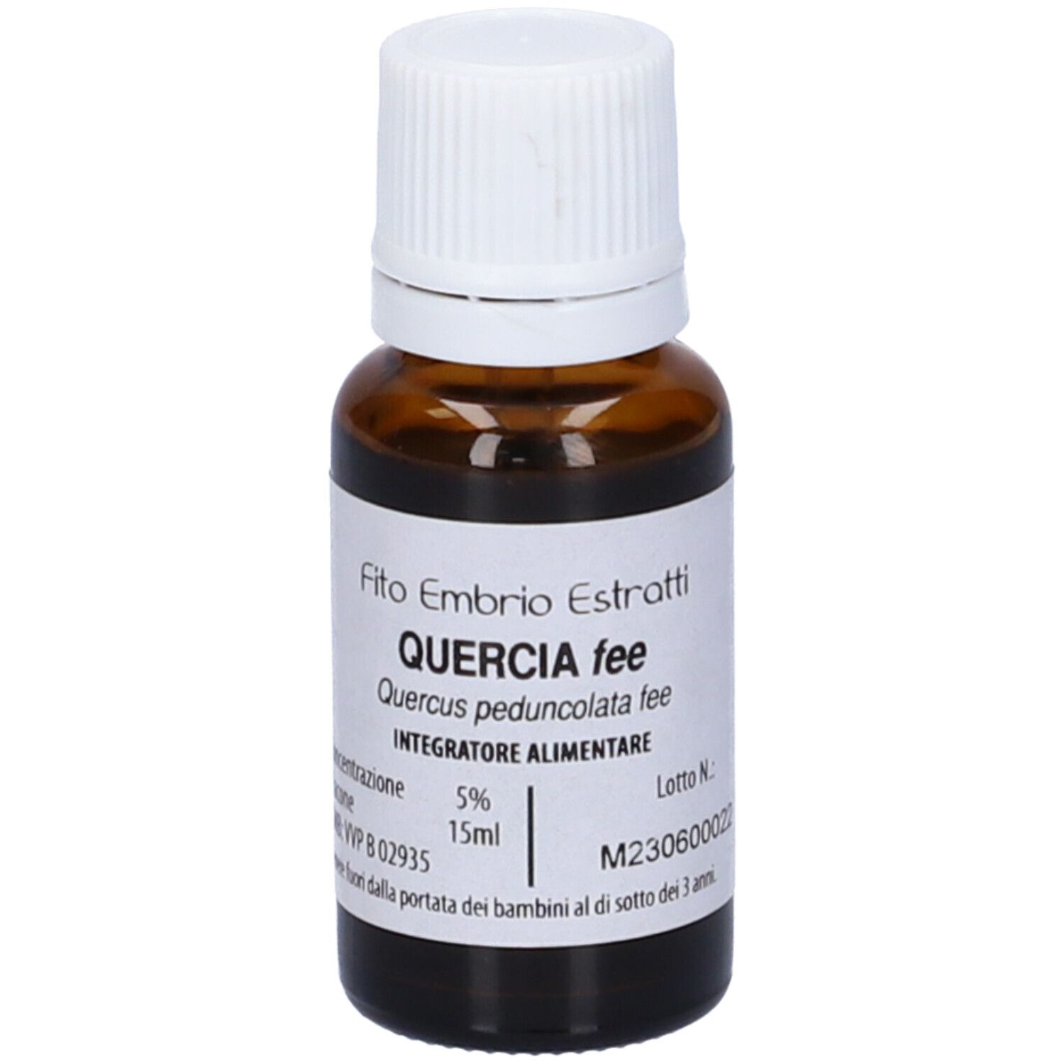 Flacone di vetro marrone con tappo bianco. Etichetta con scritta: Quercia fee, 15ml. Scritta: Integratore alimentare.