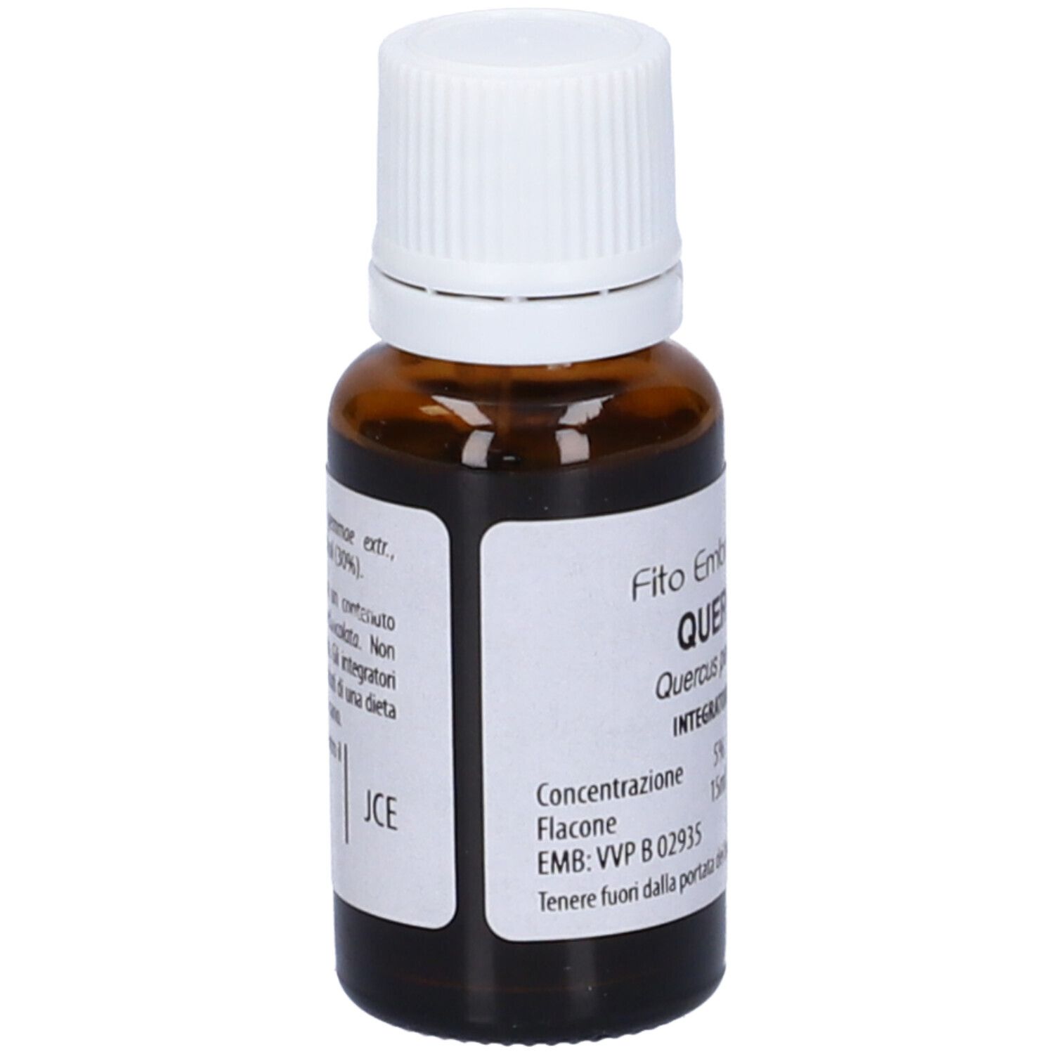 Flacone di vetro marrone con tappo bianco. Etichetta con scritta: Quercia fee. Scritta: Integratore alimentare. Flacone.
