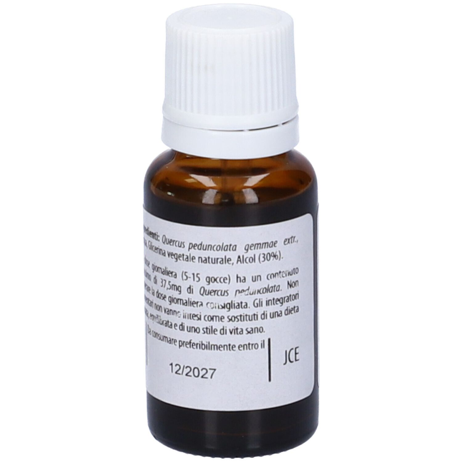 Flacone di vetro marrone con tappo bianco. Etichetta con scritta: Quercia fee. Scritta: Integratore alimentare. 12/2027.