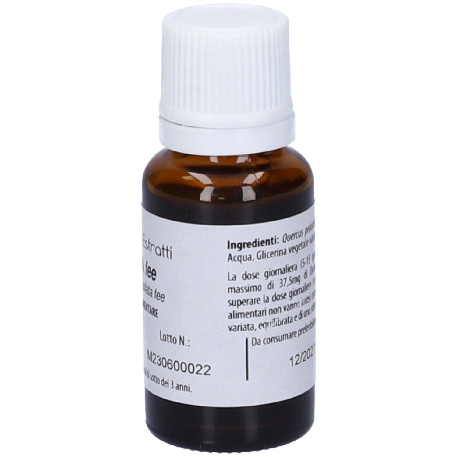 Flacone di vetro marrone con tappo bianco. Etichetta con scritta: Quercia fee. Scritta: Integratore alimentare. 12/2027.