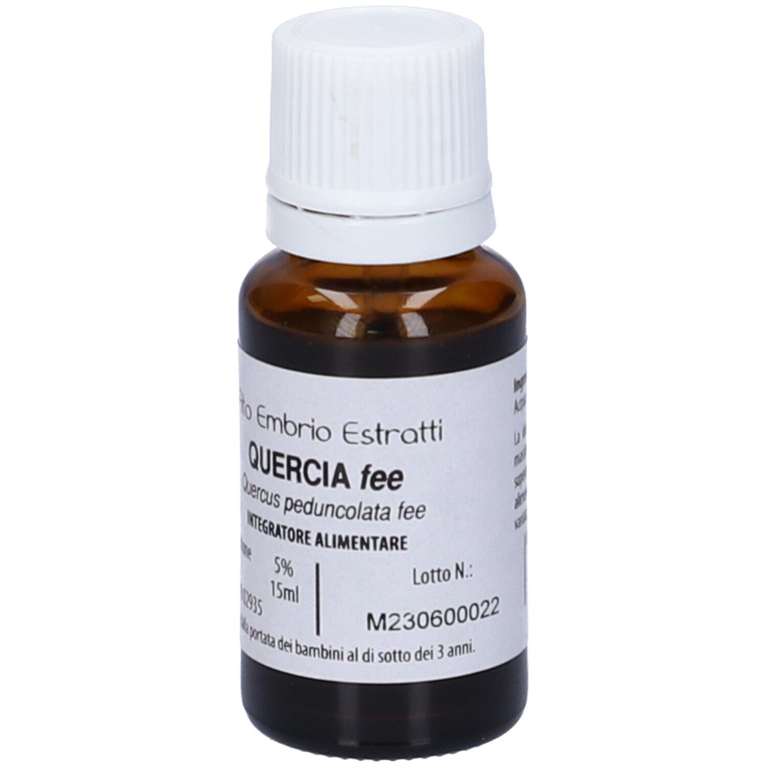 Flacone di vetro marrone con tappo bianco. Etichetta con scritta: Quercia fee, 15ml. Scritta: Integratore alimentare.