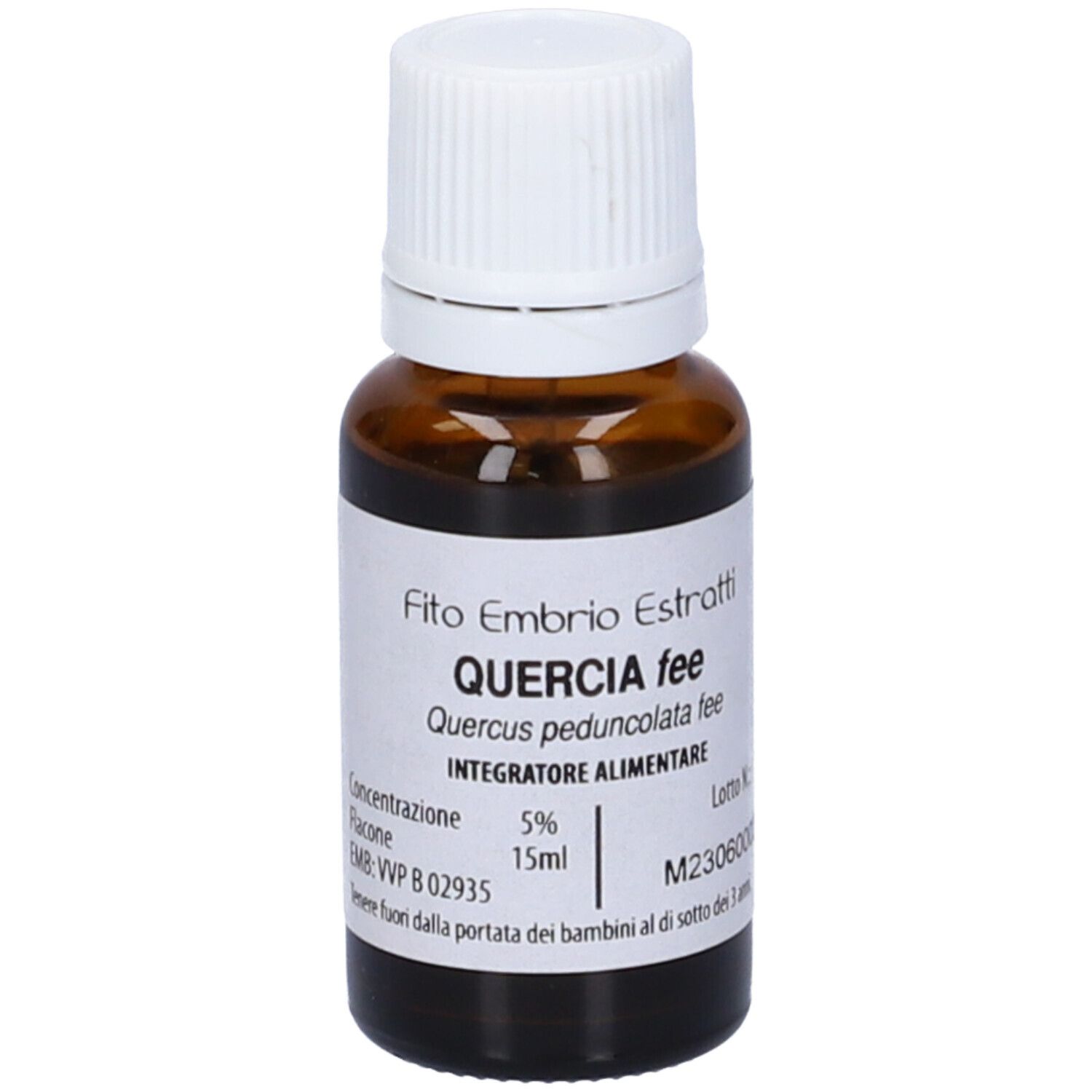 Flacone di vetro marrone con tappo bianco. Etichetta con scritta: Quercia fee, 15ml. Scritta: Integratore alimentare.