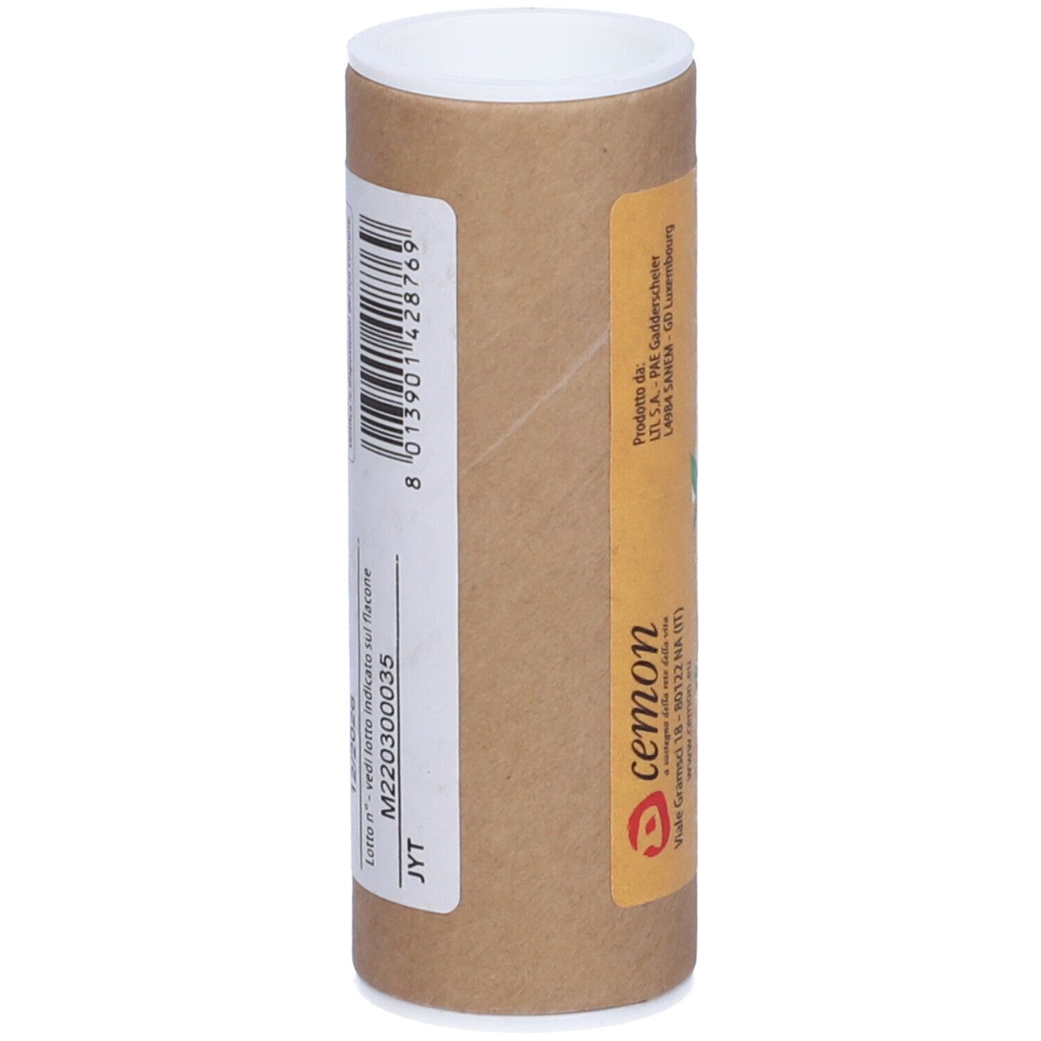 Confezione cilindrica con codice a barre e testo. Etichetta con informazioni sul prodotto. Logo cemon.