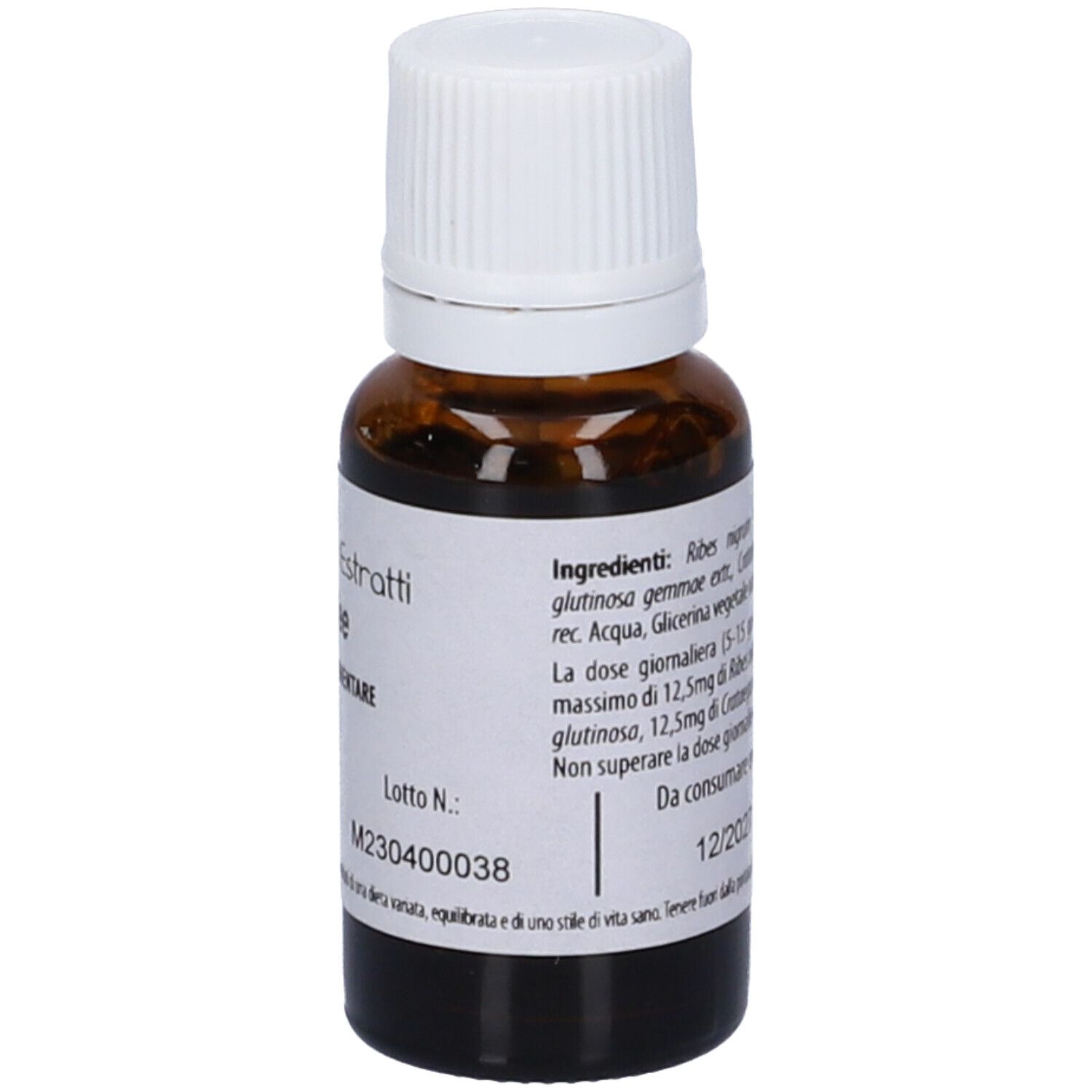 Flacone di vetro marrone con tappo bianco ed etichetta. Scritta: Fito Embryo Estratti SOS fee, 5%, 15ml. Etichetta con ulteriori informazioni.