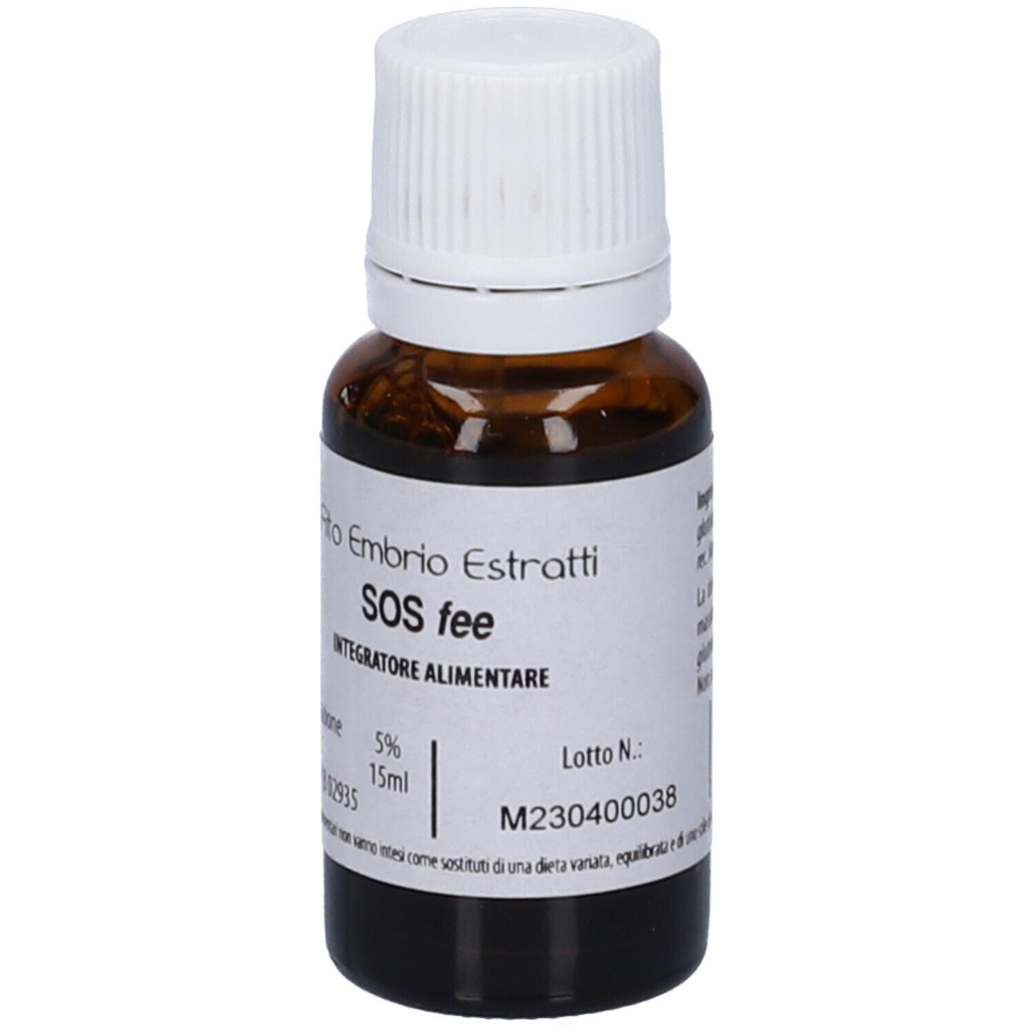Flacone di vetro marrone con tappo bianco ed etichetta. Scritta: Fito Embryo Estratti SOS fee, 5%, 15ml. Etichetta con ulteriori informazioni.
