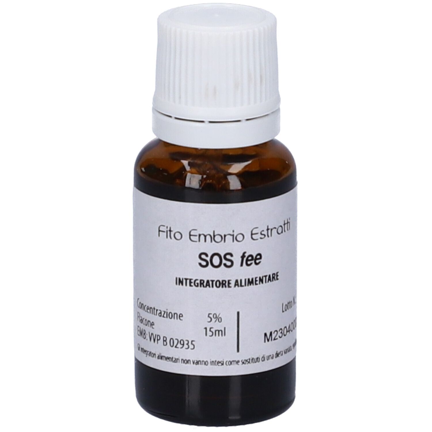 Flacone di vetro marrone con tappo bianco ed etichetta. Scritta: Fito Embryo Estratti SOS fee, 5%, 15ml. Etichetta con ulteriori informazioni.