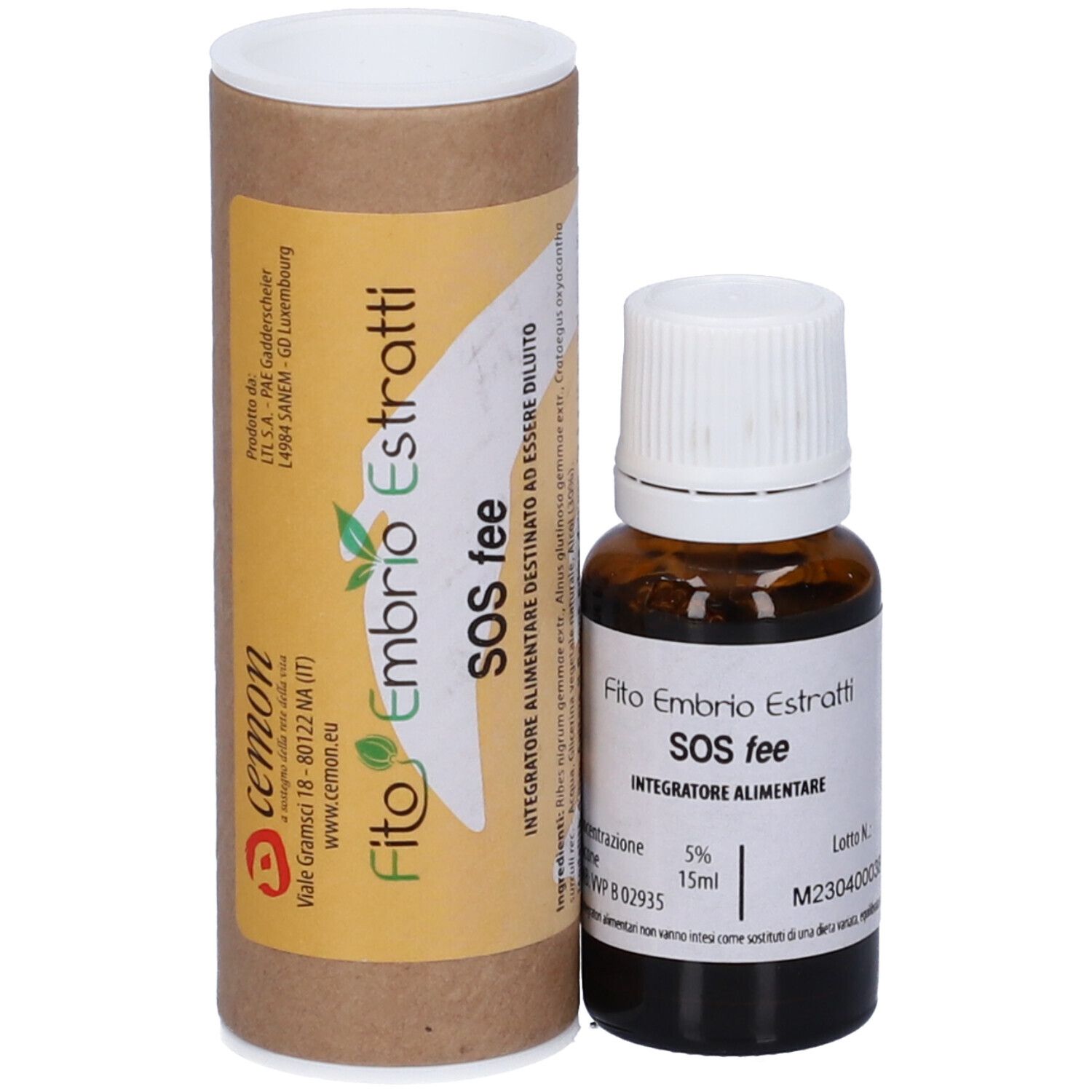 Flacone di vetro marrone con tappo bianco ed etichetta. Accanto, confezione cilindrica in cartone. Scritta: Fito Embryo Estratti SOS fee, 5%, 15ml.