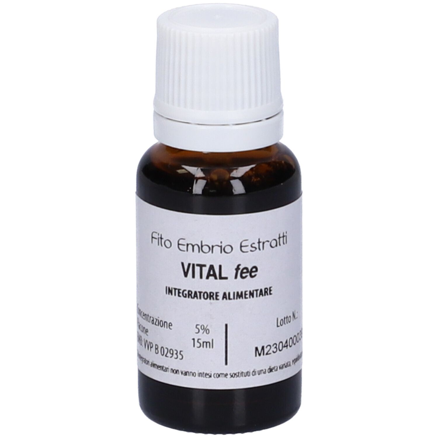 Flacone di vetro marrone con tappo bianco. Scritta: Fito Embryo Estratti VITAL fee, 5%, 15ml.