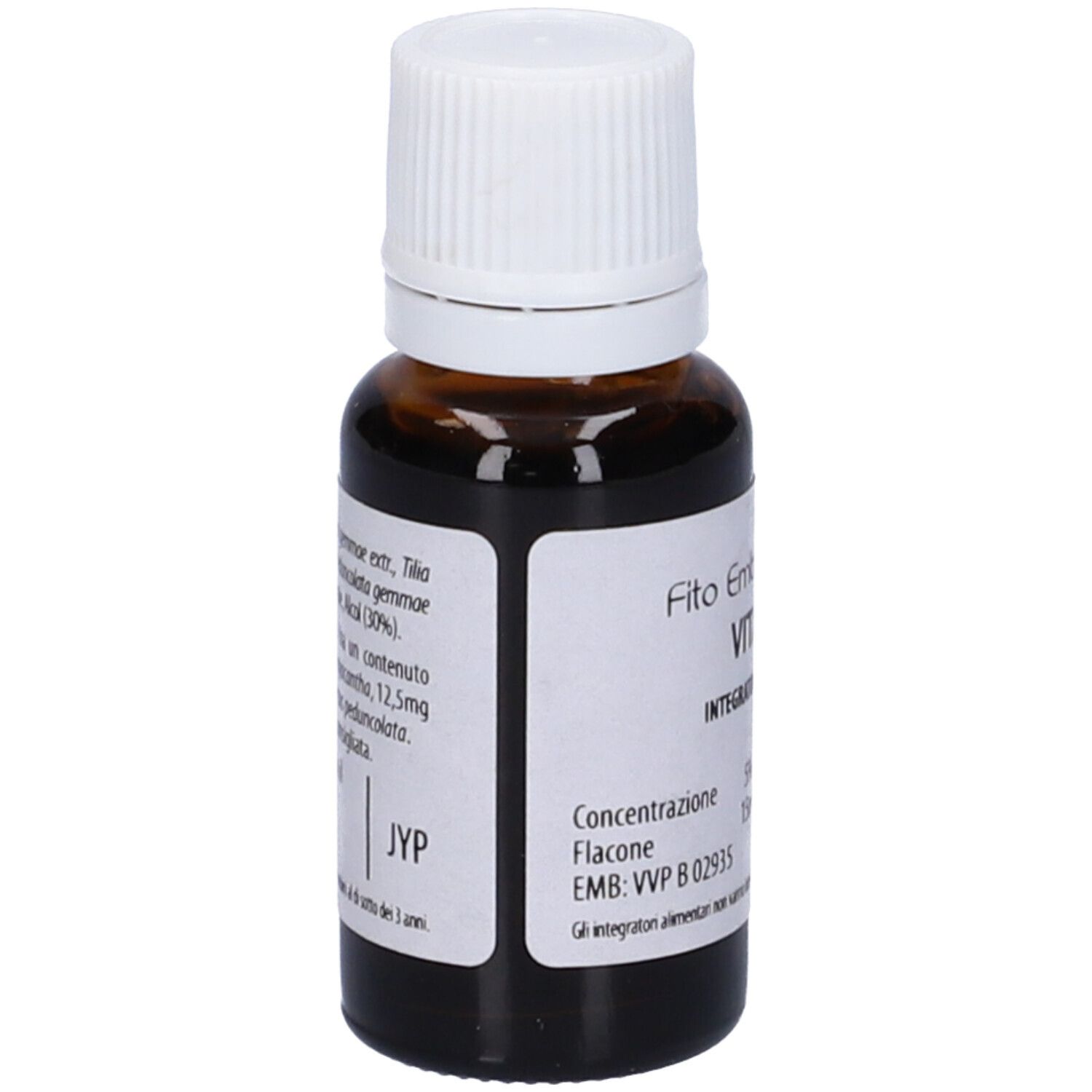 Flacone di vetro marrone con tappo bianco. Scritta: Fito Embryo Estratti VITAL fee, 5%, 15ml.