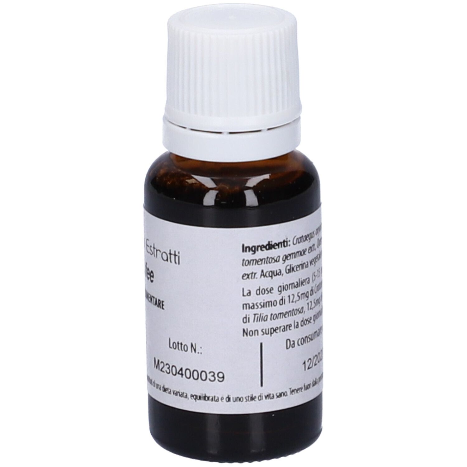 Flacone di vetro marrone con tappo bianco. Scritta: Fito Embryo Estratti VITAL fee, 5%, 15ml. Con elenco ingredienti.