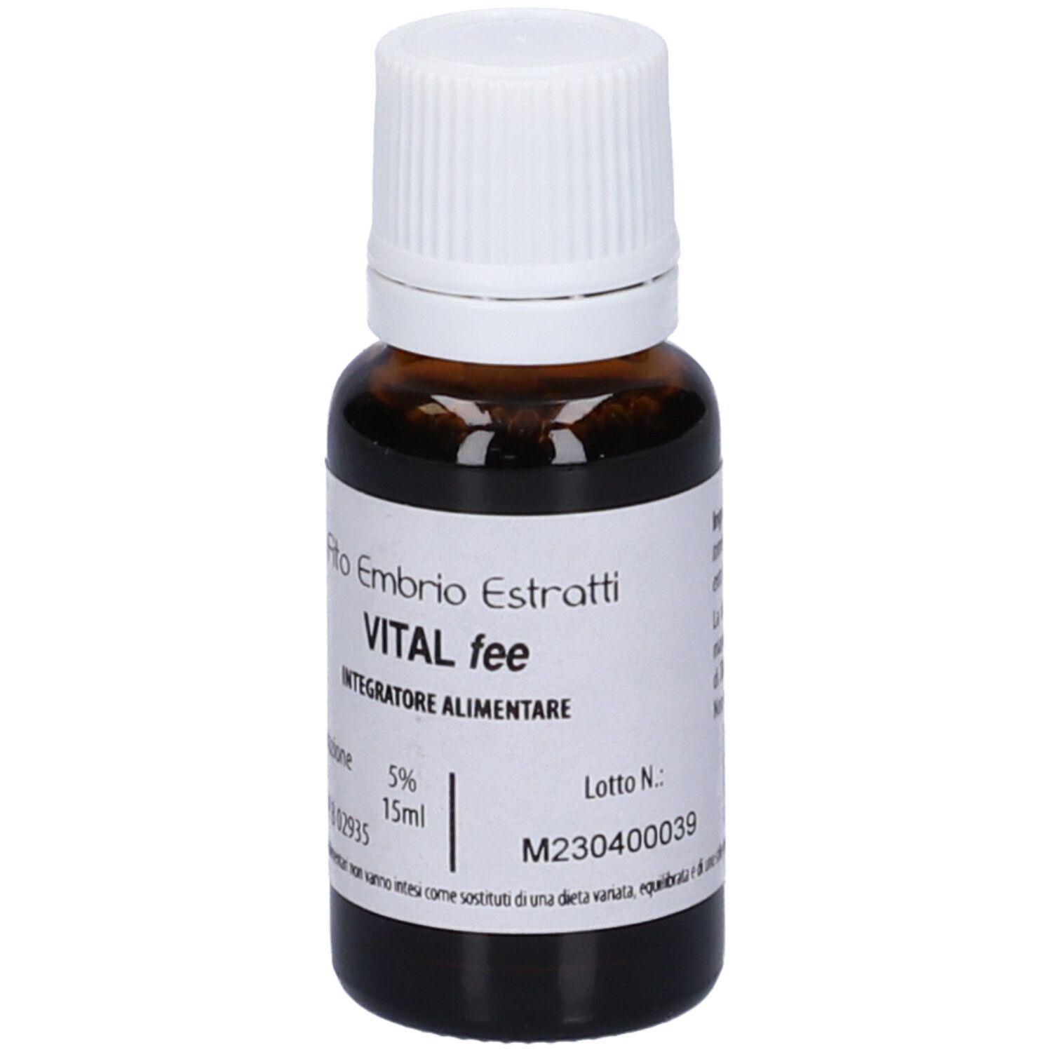Flacone di vetro marrone con tappo bianco. Scritta: Fito Embryo Estratti VITAL fee, 5%, 15ml.