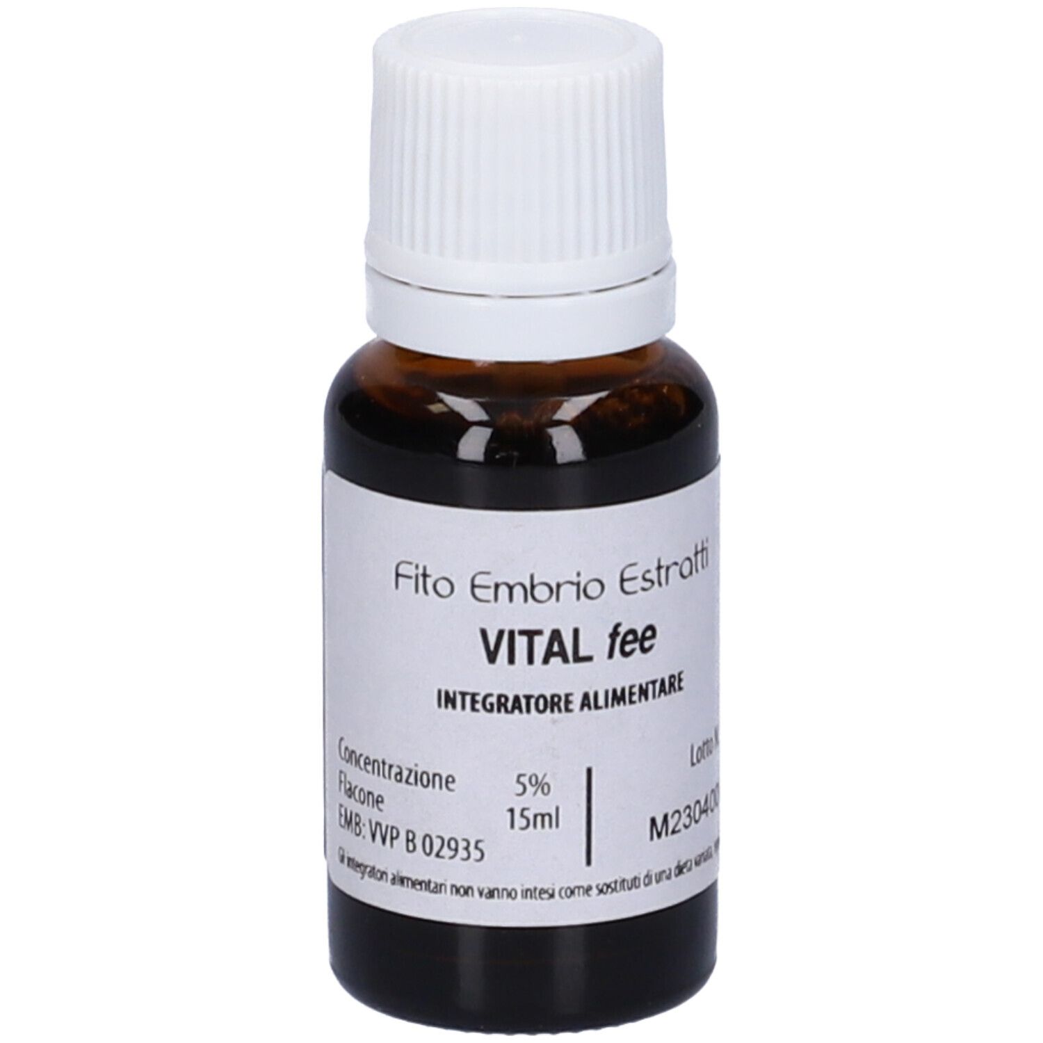 Flacone di vetro marrone con tappo bianco. Scritta: Fito Embryo Estratti VITAL fee, 5%, 15ml.