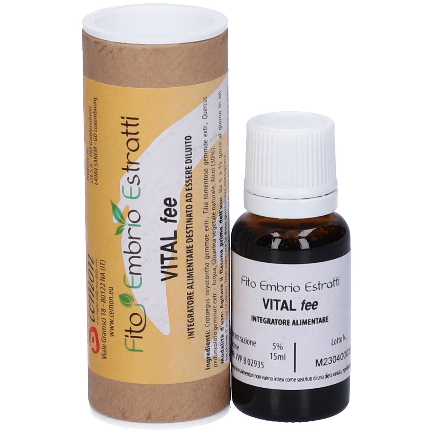 Flacone di vetro marrone con tappo bianco e confezione cilindrica in cartone. Scritta: Fito Embryo Estratti VITAL fee, 5%, 15ml.